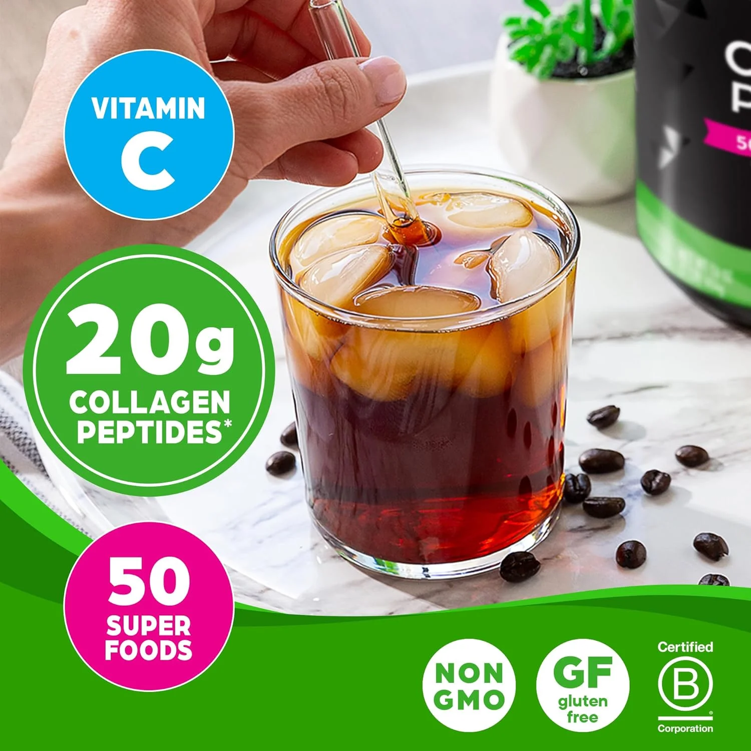 پودر کلاژن هیدرولیز شده ارگانیک + 50 سوپرفود ارگانیک برای زنان و مردان، 20 گرم کلاژن تغذیه شده با علف به همراه ویتامین C، بدون طعم - مکمل حمایت از مو، پوست، ناخن و مفاصل، غیر GMO، نوع I و III، 453 گرم