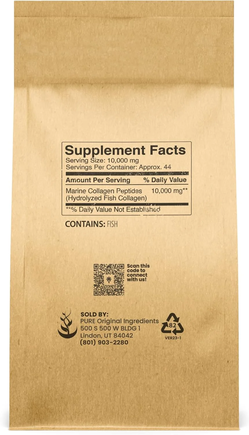 پودر کلاژن دریایی خالص اورجینال (450 گرم) طبیعی و بدون طعم، پپتیدهای پروتئینی، کیسه دربسته