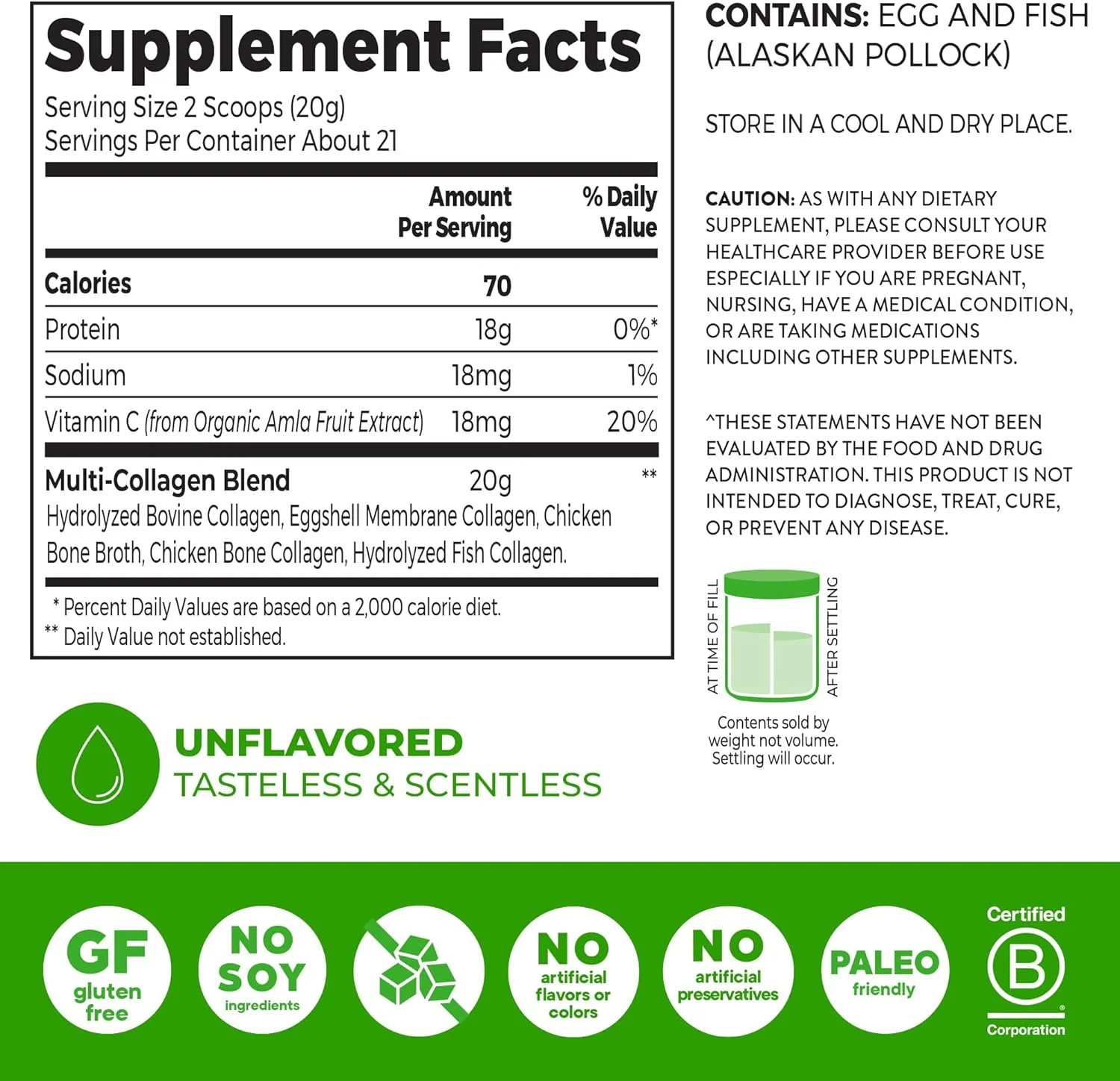 پودر کلاژن هیدرولیز شده چندگانه ارگان برای زنان و مردان، 20 گرم کلاژن، پشتیبانی از سلامت مو، پوست، ناخن و مفاصل، انواع I، II، III، V، X، ویتامین C و اسیدهای آمینه، غیر GMO، بدون طعم (21 سروینگ) 425 گرم
