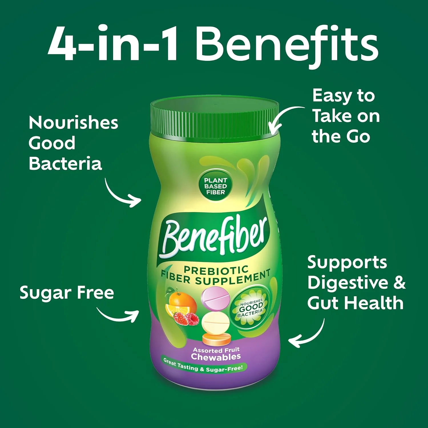 قرص های جویدنی مکمل فیبر پری بیوتیک Benefiber برای سلامت دستگاه گوارش، طعم میوه های مختلف - 100 عدد