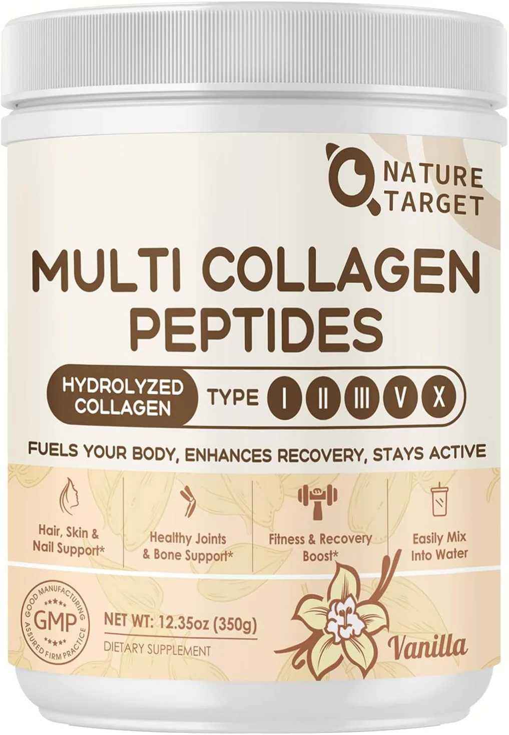 پپتیدهای کلاژن چندگانه نیچر تارگت برای بانوان - پودر کلاژن هیدرولیز شده با ویتامین C و E - پشتیبانی از پوست، مو و مفاصل، طعم وانیل، 35 سروینگ