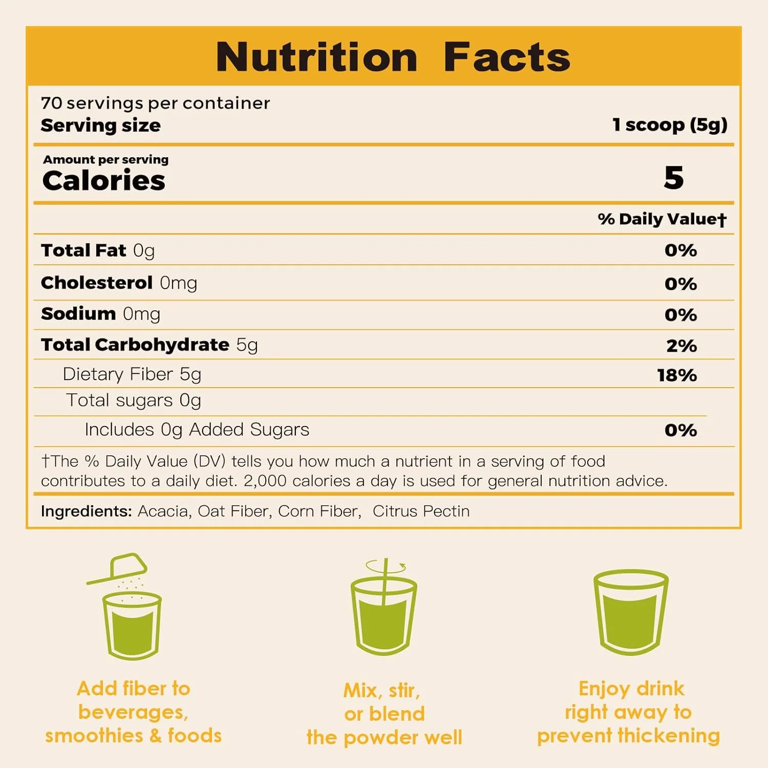 پودر مکمل فیبر زبورا، پودر فیبر پری‌بیوتیک محلول بدون طعم با آکاسیا برای سلامت دستگاه گوارش، تنظیم و کنترل گرسنگی، بدون شکر افزوده، بدون زبری، بدون گلوتن، 70 سروینگ