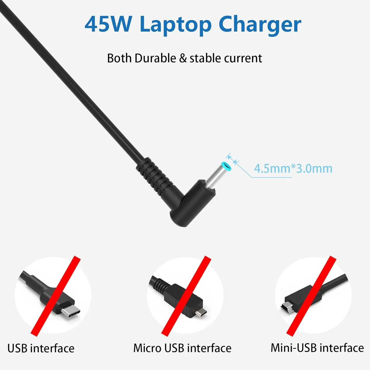 شارژر لپ تاپ 45 واتی hafiuege HP، آداپتور برق 45 واتی سازگار با HP Pavilion 11 13 15، Stream 11 13 14، Elitebook Chromebook ProBook Notebook C0013