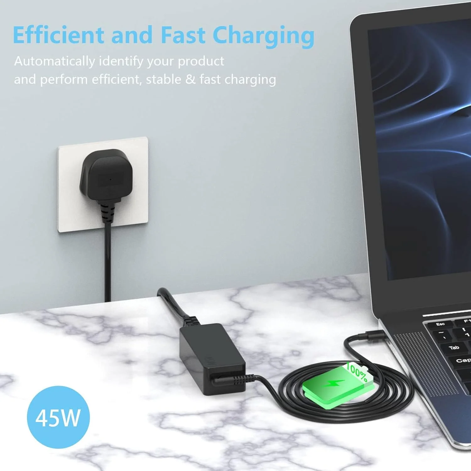 Hafiuege 45W USB C Laptop Charger Chromebook Charger Compatible with Lenovo HP Dell Acer Asus Google Samsung More Power Adapter Supply Cord