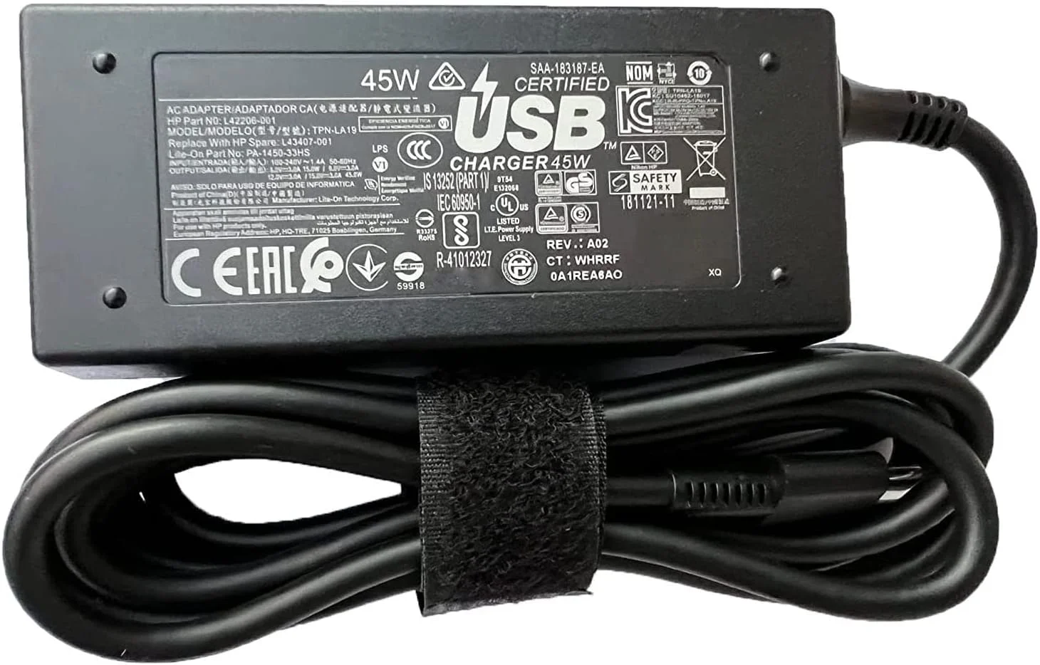 آداپتور شارژر لپ تاپ 45W USB-C L42206-001 سازگار با HP Chromebook 14 14A G5 14-ca061dx 14-ca020nr 14-ca060nr 14-ca043cl 14-ca052wm 14-ca051wm X360 11A 11 G6 EE 11 G1 11-ae051wm(5V 3A)