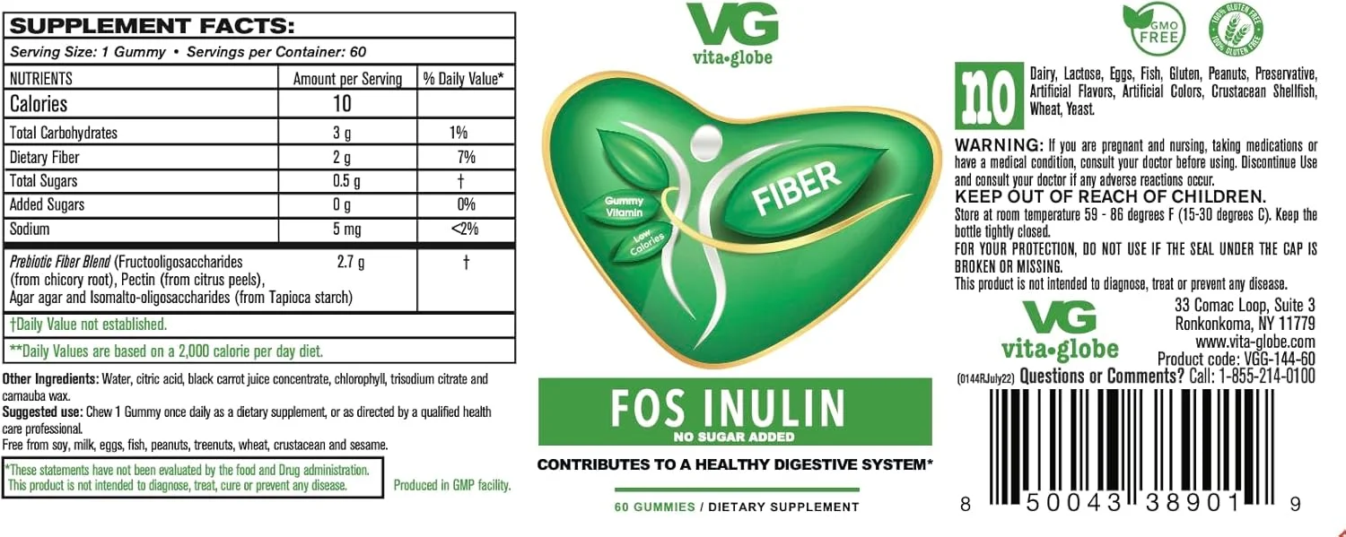 پاستیل فیبر پری‌بیوتیک VITA GLOBE – حاوی FOS اینولین، مکمل روزانه بدون شکر | پشتیبانی از سلامت دستگاه گوارش، تعادل روده و نظم | پاستیل فیبر جویدنی وگان، غیر GMO – 60 عدد (بسته 1 عددی)
