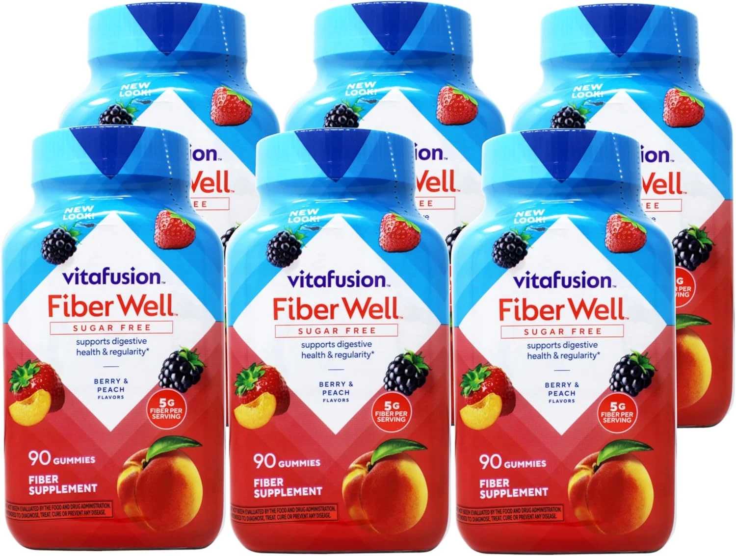 پاستیل فیبر بدون قند ویتافیوژن برای بهبود عملکرد دستگاه گوارش، طعم هلو، توت فرنگی و انواع توت، 90 عدد (بسته 6 عددی)