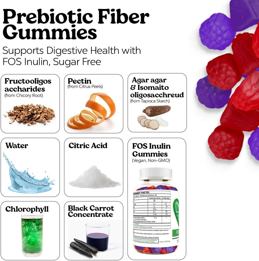 پاستیل فیبر پری‌بیوتیک VITA GLOBE – حاوی FOS اینولین، مکمل روزانه بدون شکر | پشتیبانی از سلامت دستگاه گوارش، تعادل روده و نظم | پاستیل فیبر جویدنی وگان، غیر GMO – 60 عدد (بسته 1 عددی)