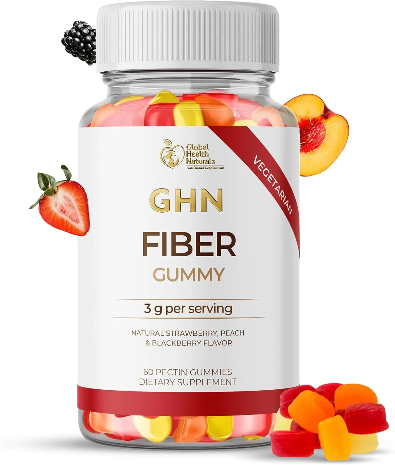 پاستیل فیبر گیاهی برای بزرگسالان - 3 گرم فیبر پری‌بیوتیک از اینولین در هر وعده - طعم‌های طبیعی توت فرنگی، هلو و شاه‌توت - غیر تراریخته، بدون گلوتن، بدون ژلاتین - 30 وعده