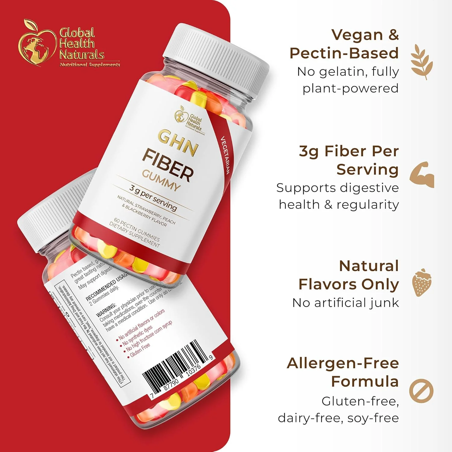 پاستیل فیبر گیاهی برای بزرگسالان - 3 گرم فیبر پری‌بیوتیک از اینولین در هر وعده - طعم‌های طبیعی توت فرنگی، هلو و شاه‌توت - غیر تراریخته، بدون گلوتن، بدون ژلاتین - 30 وعده