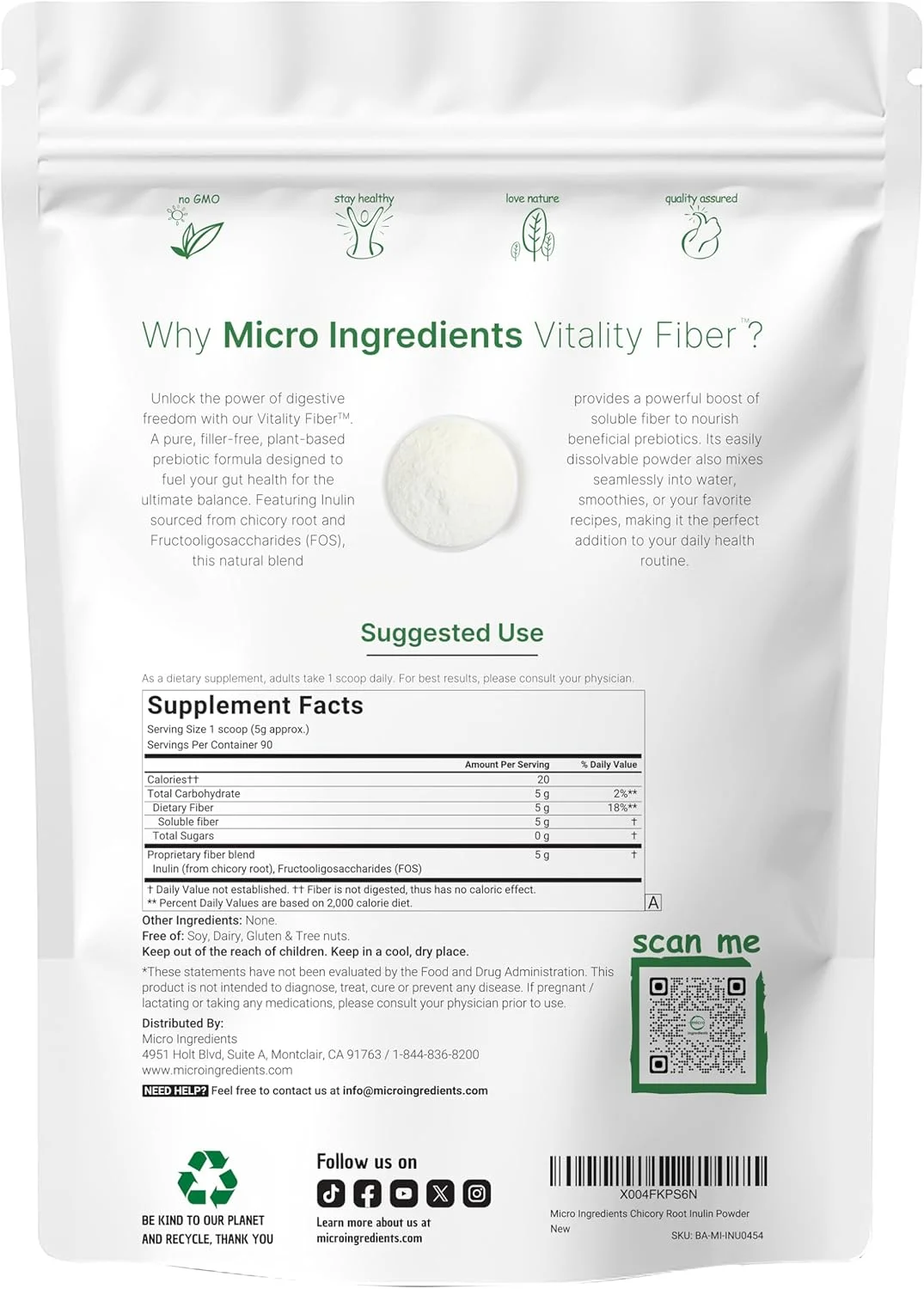 پودر فیبر پری‌بیوتیک Micro Ingredients Vitality، ۴۵۰ گرم | پودر مخلوط آسان برای سلامت دستگاه گوارش | مکمل فیبر محلول پری‌بیوتیک روزانه برای زنان و مردان | بدون طعم، بدون شکر و وگان