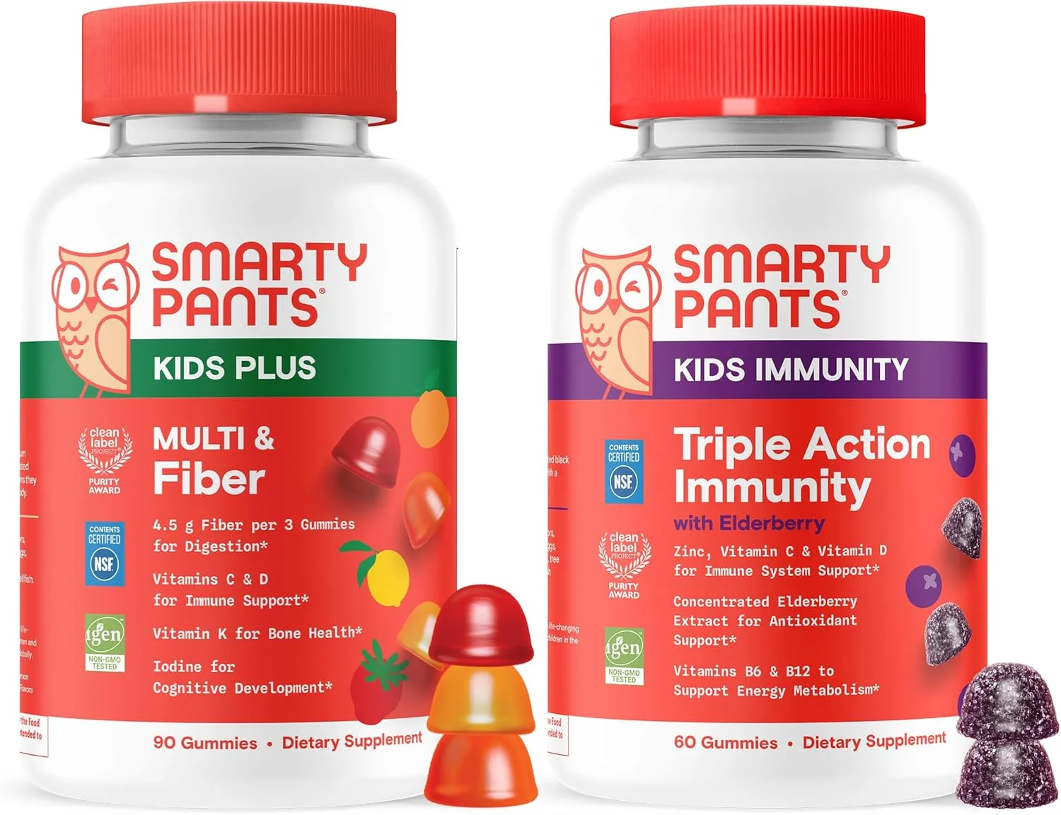 بسته تغذیه روزانه و تقویت سیستم ایمنی کودکان SmartyPants: مولتی ویتامین + پاستیل الدربری حاوی فیبر پری‌بیوتیک، ویتامین‌های C، D3، B12، A و زینک – فاقد گلوتن، غیر تراریخته، 90 و 60 عددی (بسته 2 عددی)