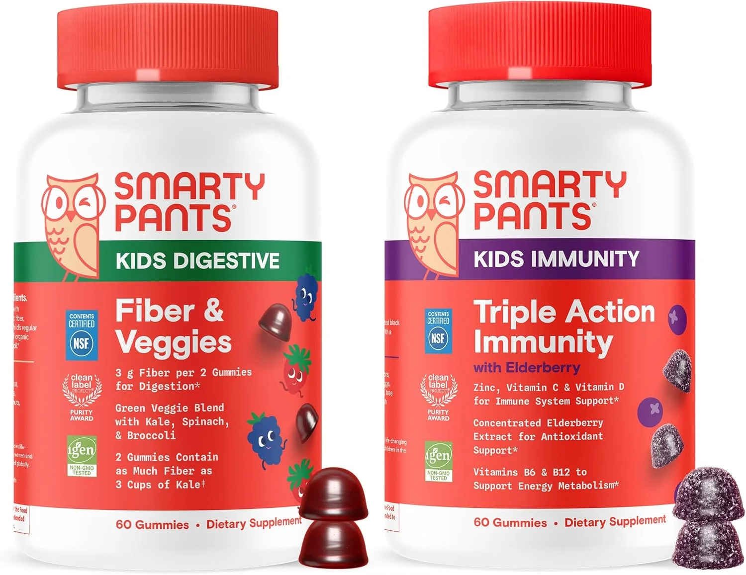 بسته پشتیبانی گوارش و ایمنی کودکان SmartyPants: فیبر و سبزیجات + پاستیل های الدرberry با فیبر پری بیوتیک، ویتامین های C، D3، B12 و روی - بدون گلوتن، غیر GMO، 60 عدد در هر بسته (بسته 2 عددی)