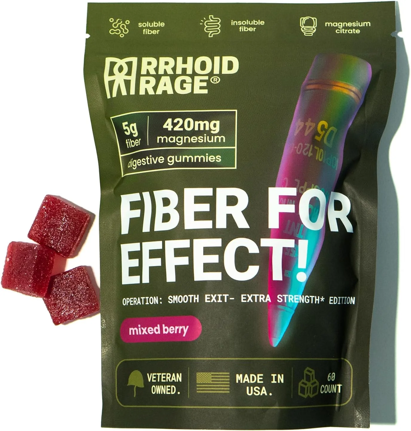 پاستیل فیبر با سیترات منیزیم - پشتیبانی قوی از روده، طعم توت مخلوط، غیر تراریخته، بدون گلوتن، وگان، مکمل رفع یبوست - 60 پاستیل