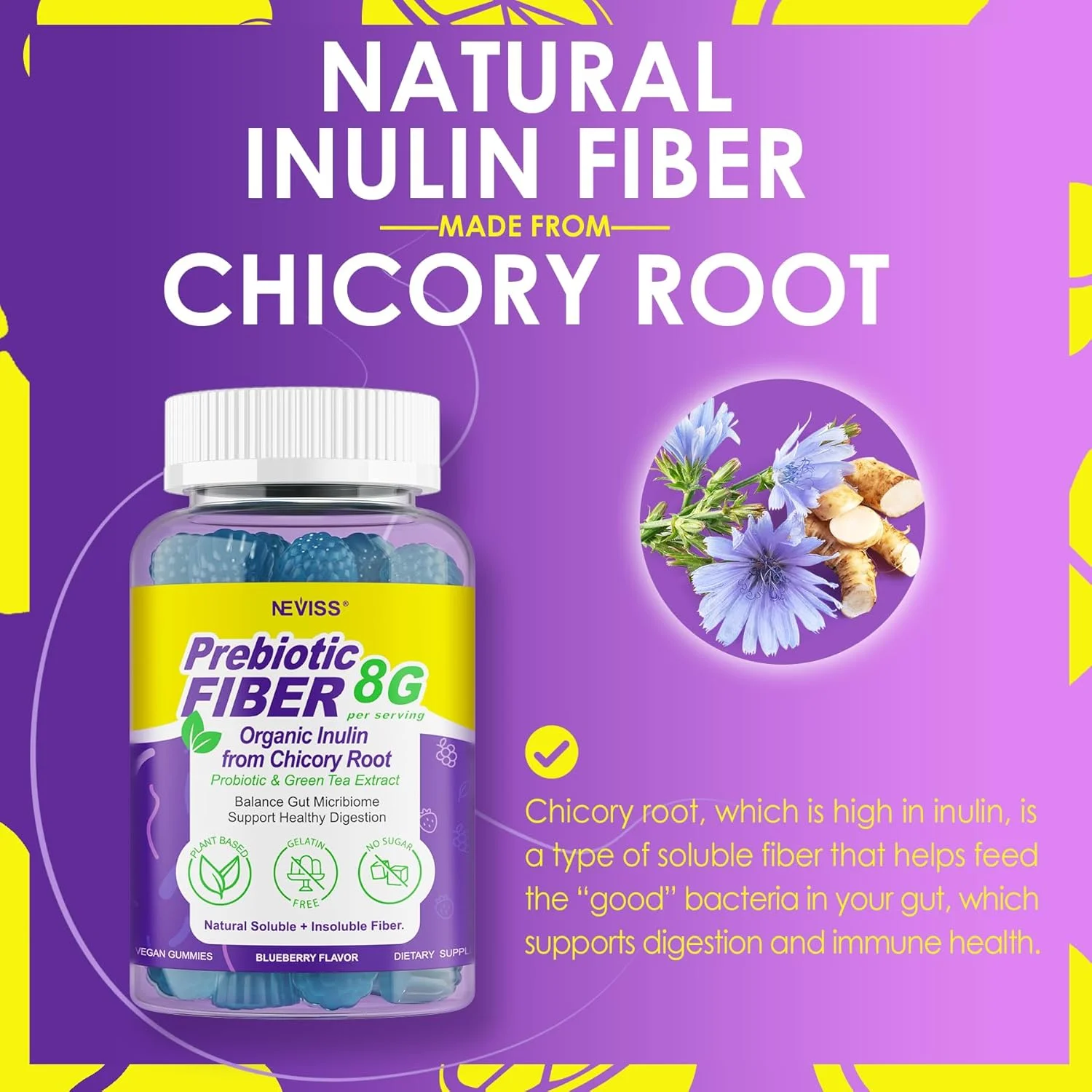 پاستیل فیبر برای بزرگسالان 8 گرم (اینولین، پوسته اسفرزه، FOS و موارد دیگر) با پروبیوتیک ها، عصاره چای سبز، مکمل فیبر گیاهی بدون قند برای سلامت دستگاه گوارش، نظم، غیر GMO، وگان، 120 عدد