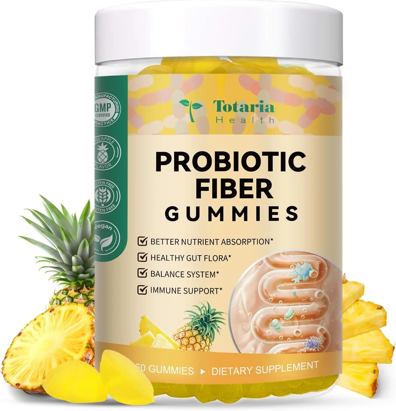 پاستیل فیبر پروبیوتیک 9 در 1 برای بزرگسالان و نوجوانان، مکمل فیبر پرو با 5 میلیارد CFU باسیلوس کوآگولانس، پوسته پسیلیوم، FOS، اینولین، ACV برای سلامتی دستگاه گوارش و روده، 60 پاستیل آناناسی وگان