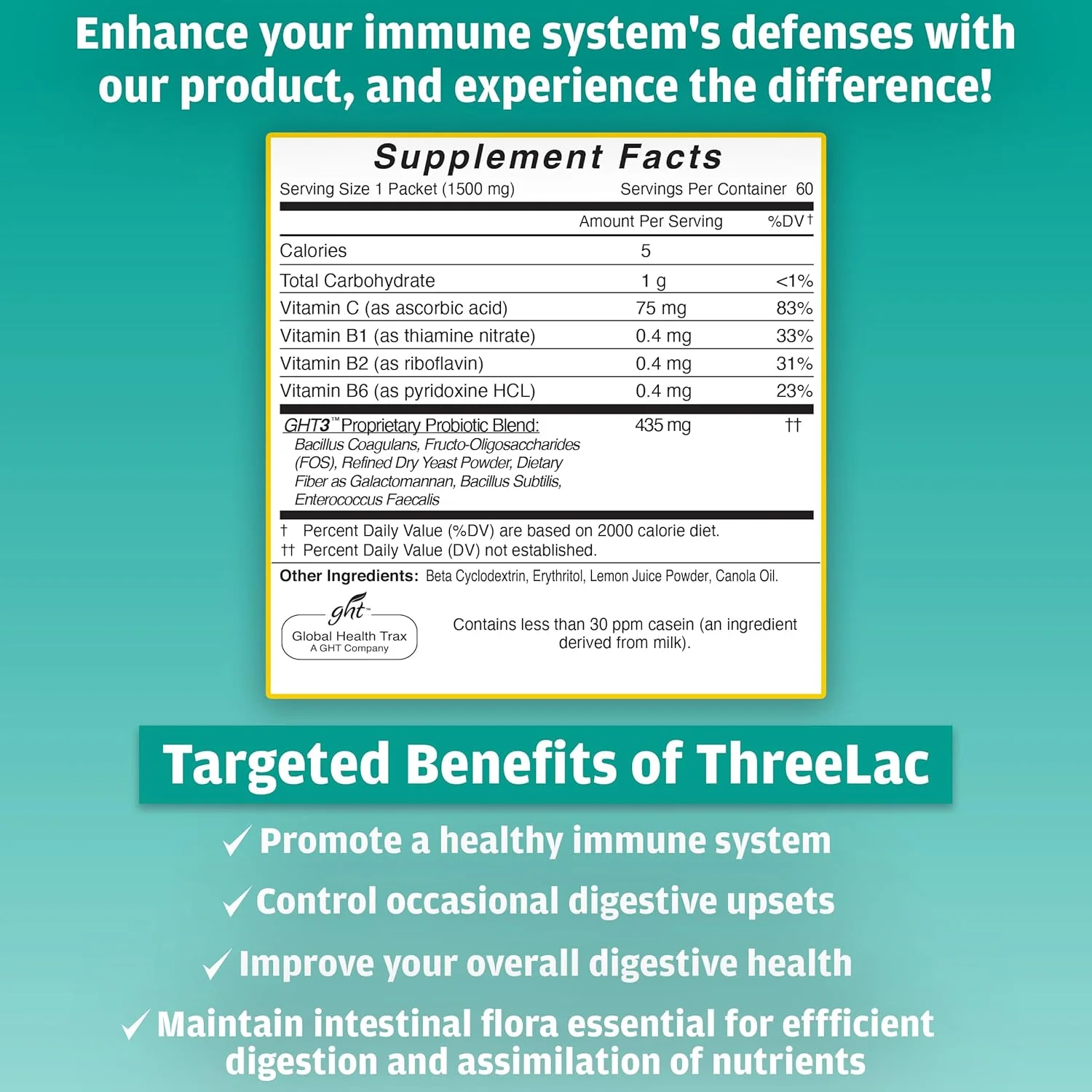 مخلوط نوشیدنی پروبیوتیک لیمو ترش Global Health Trax ThreeLac برای سلامت دستگاه گوارش - فرمول پودری پیشرفته پروبیوتیک برای مردان، زنان و کودکان - پشتیبانی از سیستم ایمنی و تعادل روده، غیر GMO - 120 بسته