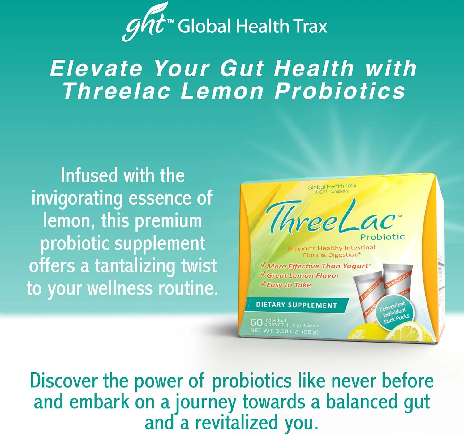 مخلوط نوشیدنی پروبیوتیک لیمو ترش Global Health Trax ThreeLac برای سلامت دستگاه گوارش - فرمول پودری پیشرفته پروبیوتیک برای مردان، زنان و کودکان - پشتیبانی از سیستم ایمنی و تعادل روده، غیر GMO - 120 بسته