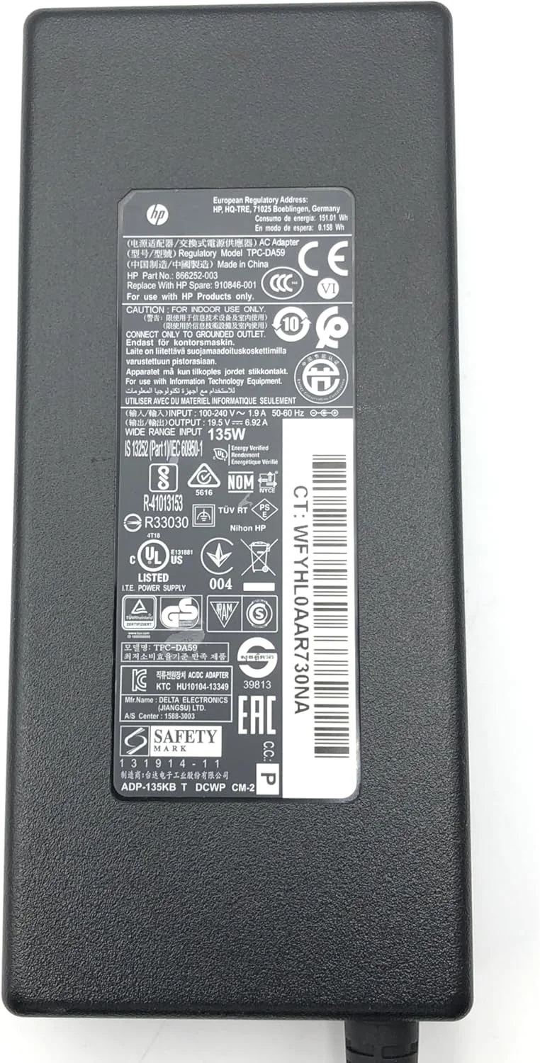آداپتور شارژر اصلی HP 135W مدل TPC-DA59، ولتاژ 19.5V، آمپر 6.92A، سایز 7.4x5.0 میلی‌متر، شماره قطعه 866252-003 و 910846-001، به همراه سیم برق