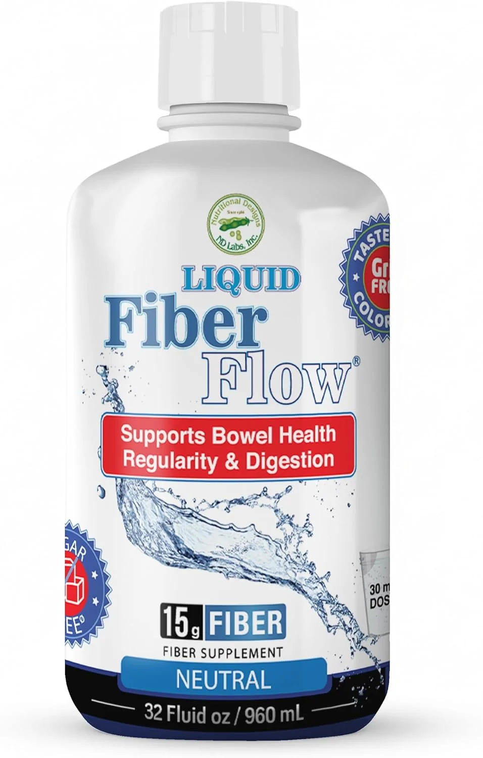 مکمل فیبر مایع نوتریشنال دیزاینز، فیبر اینولین پری‌بیوتیک بدون شکر، مخلوط نوشیدنی فیبر، نوشیدنی تنظیم کننده طبیعی روده برای تعادل سالم روده (بطری 32 اونسی، خنثی)