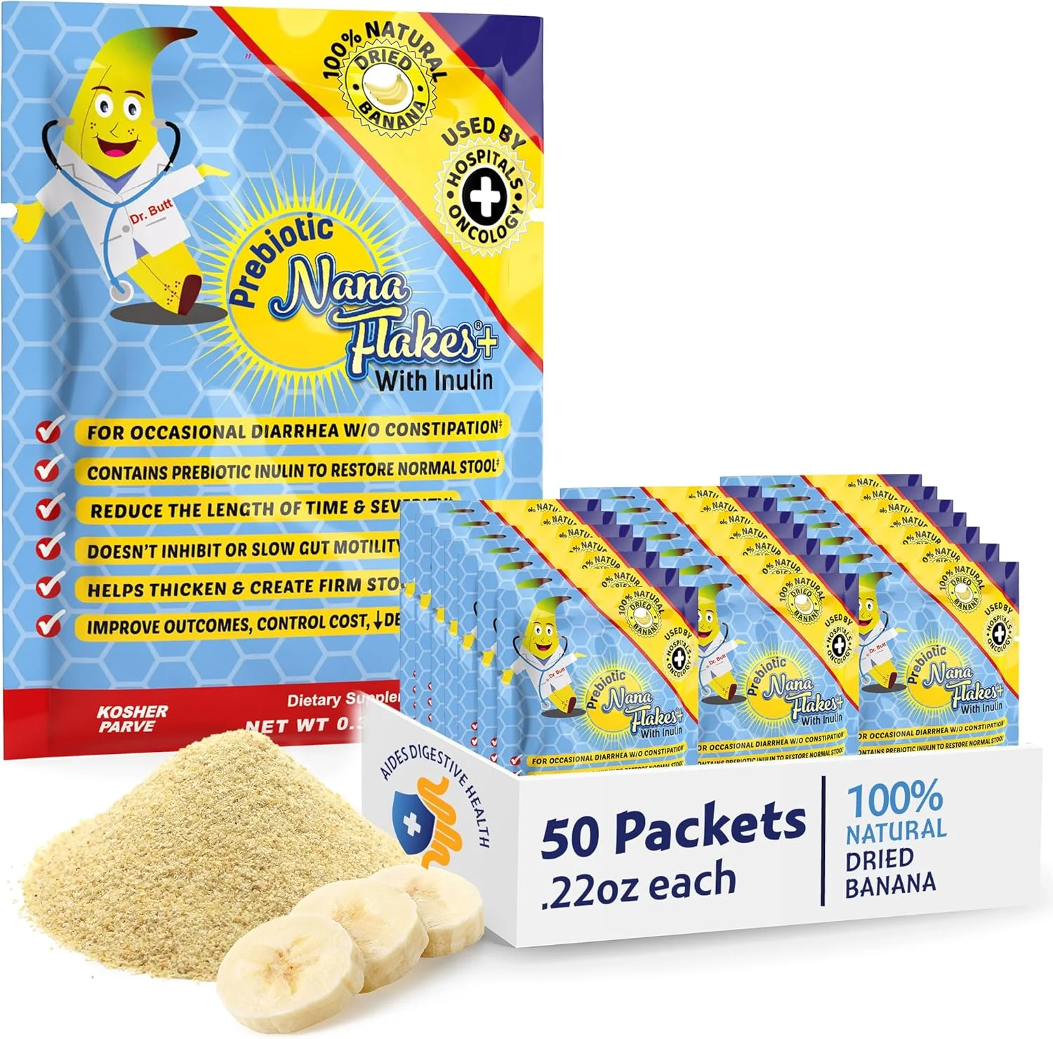 پودر موز ضد اسهال نانا فلیکز نوتریشنال دیزاینز، تسکین دهنده IBS و سوزش معده، غذای پزشکی 100% خالص موز - پری بیوتیک - طبیعی - پروتئین و فیبر بالا (50 بسته تک نفره)