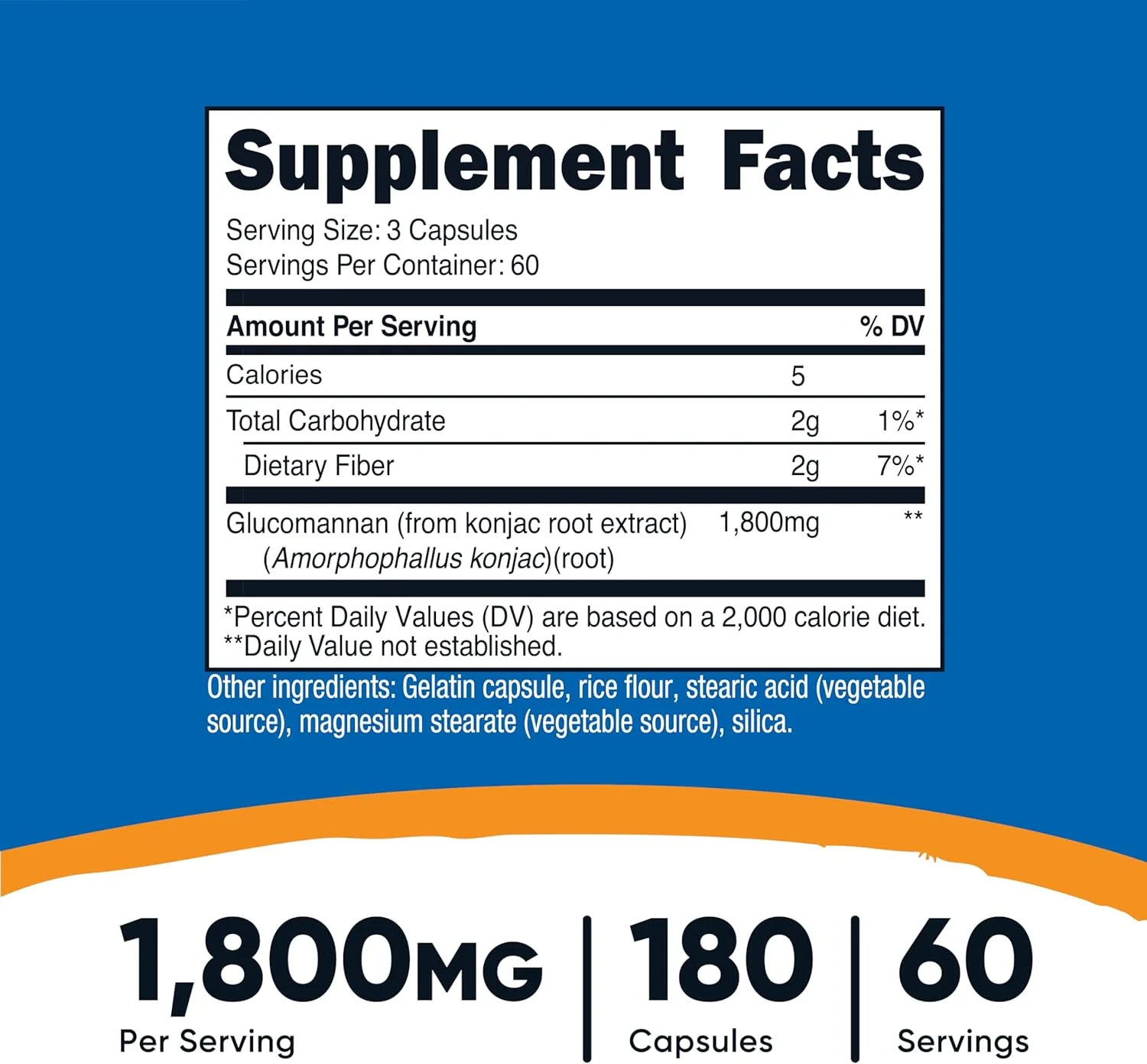 گلوکومانان نوتری‌کاست ۱۸۰۰ میلی‌گرم در هر وعده، ۱۸۰ کپسول - منبع فیبر طبیعی، غیر تراریخته، بدون گلوتن