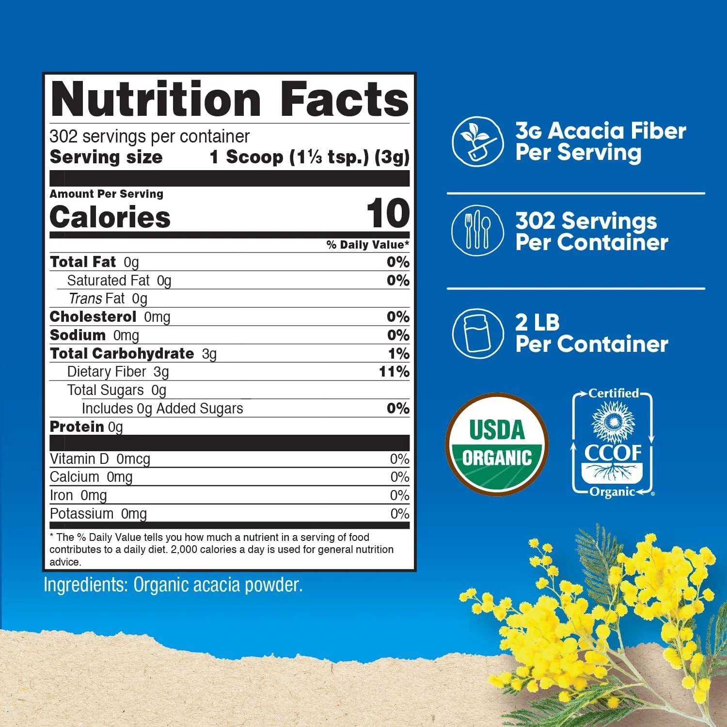 پودر فیبر اقاقیا ارگانیک نوتری‌کاست (۹۰۰ گرم) - دارای گواهی ارگانیک USDA، غیر GMO و بدون گلوتن