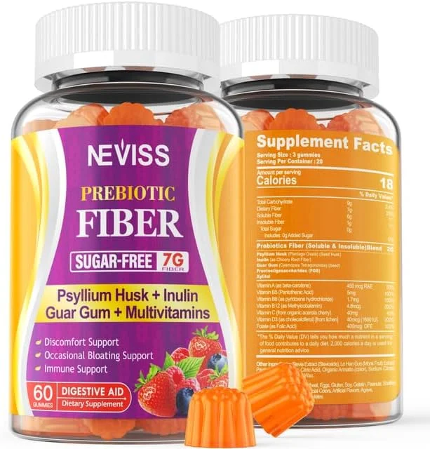 پاستیل فیبر برای بزرگسالان با پوسته اسفرزه، 7 گرم (محلول + نامحلول) فیبر پری‌بیوتیک روزانه با اینولین، FOS، صمغ گوار، مولتی ویتامین برای سلامت روزانه دستگاه گوارش، حمایت از نظم روده، بدون شکر
