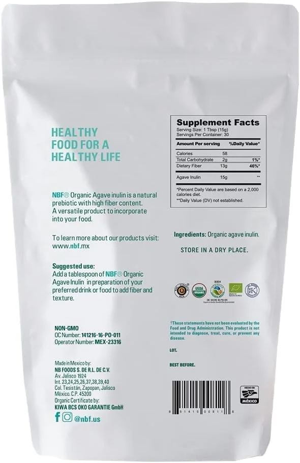پودر اینولین آگاو ارگانیک NBF NATURA BIO FOODS | مکمل فیبر پری‌بیوتیک | پشتیبانی از روده | بدون طعم یا مزه پس از مصرف | گیاهی و مناسب برای رژیم کتو | ۴۵۳ گرم