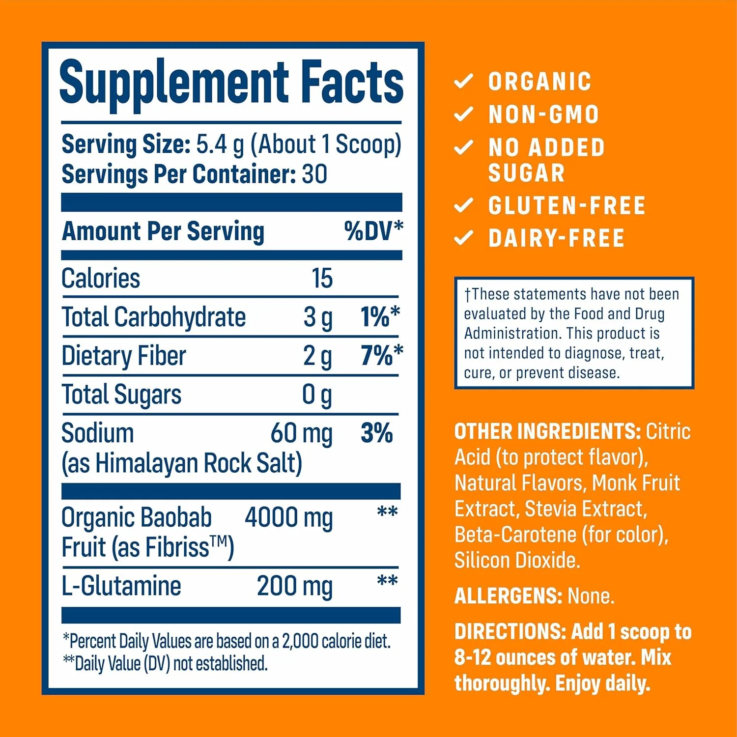 پودر فیبر پری‌بیوتیک بائوباب ارگانیک نیتیو پث - مکمل سلامت دستگاه گوارش - طعم طبیعی پرتقال، 30 سروینگ