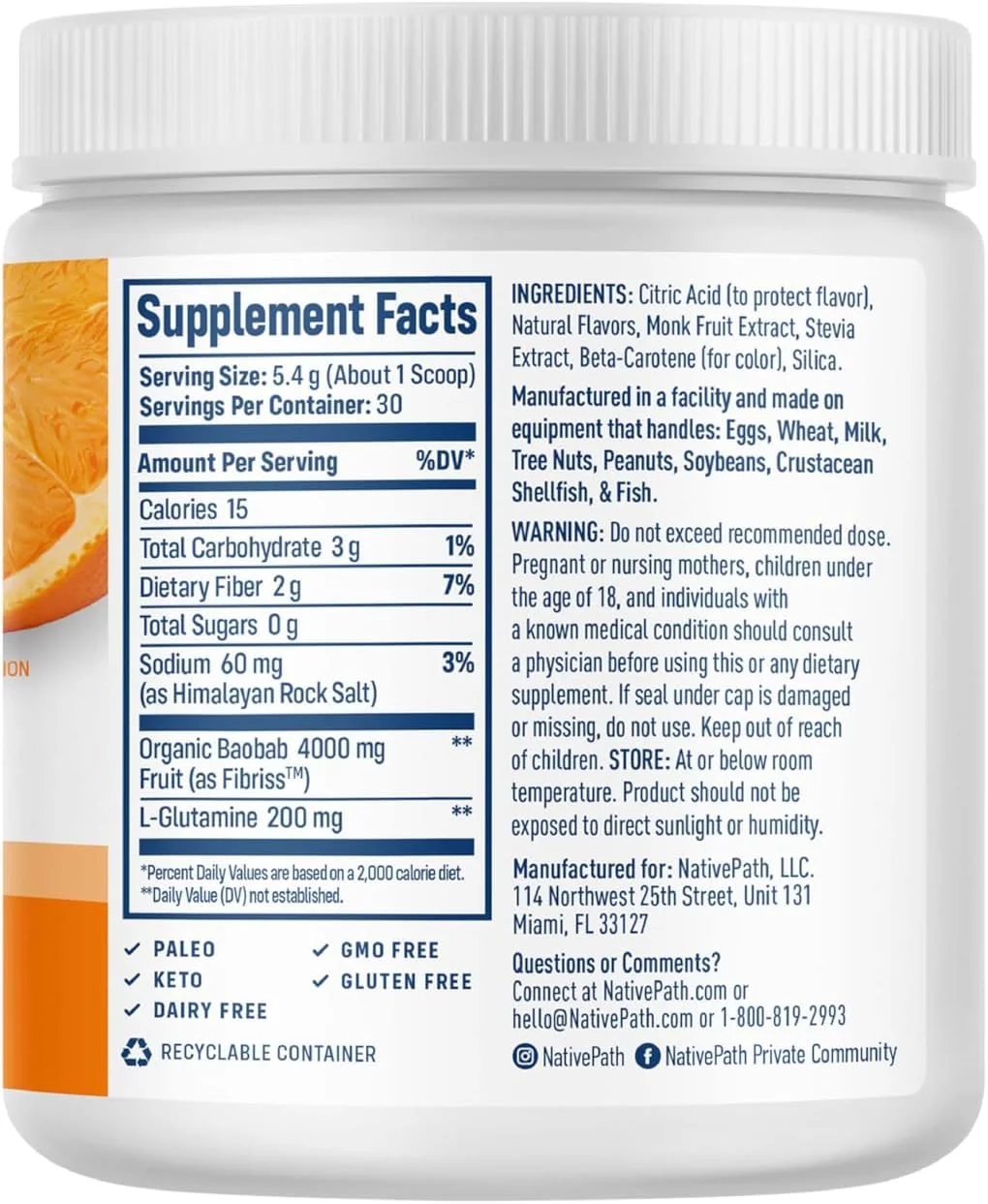 پودر فیبر پری‌بیوتیک بائوباب ارگانیک نیتیو پث - مکمل سلامت دستگاه گوارش - طعم طبیعی پرتقال، 30 سروینگ