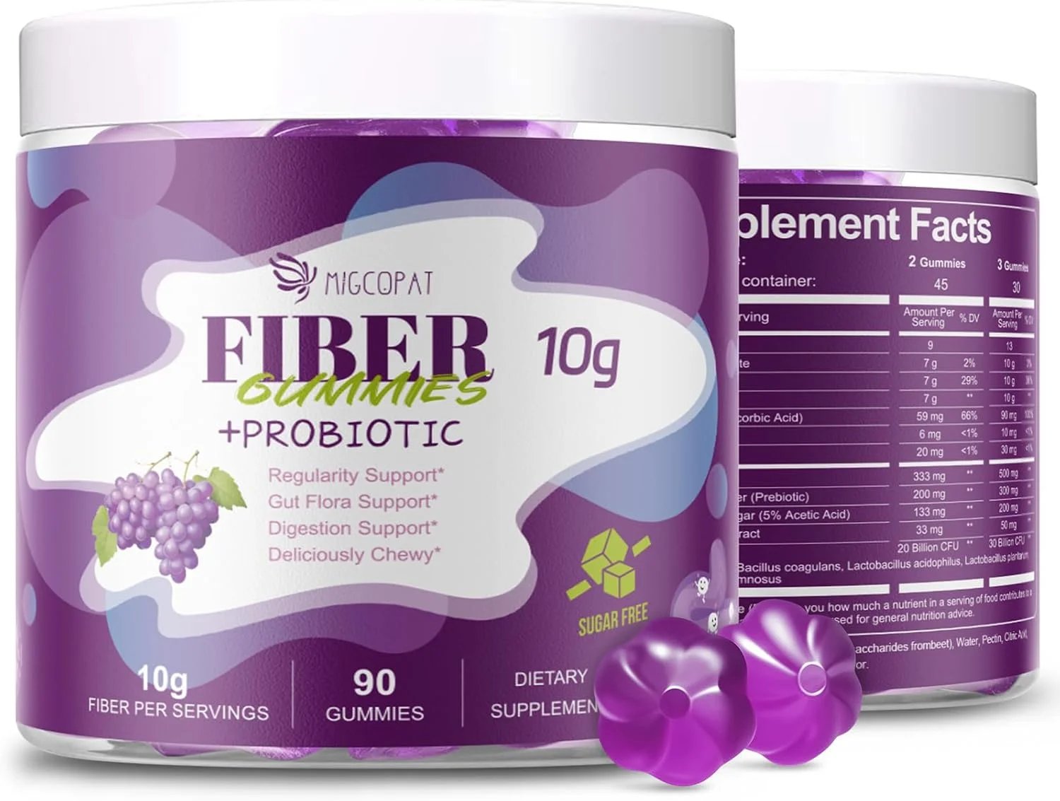 پاستیل فیبر 10 گرمی با 30 میلیارد پروبیوتیک، طعم انگور، پشتیبانی از نفخ، مکمل فیبر با ویتامین C، ACV، اینولین، بدون شکر، 180 عدد