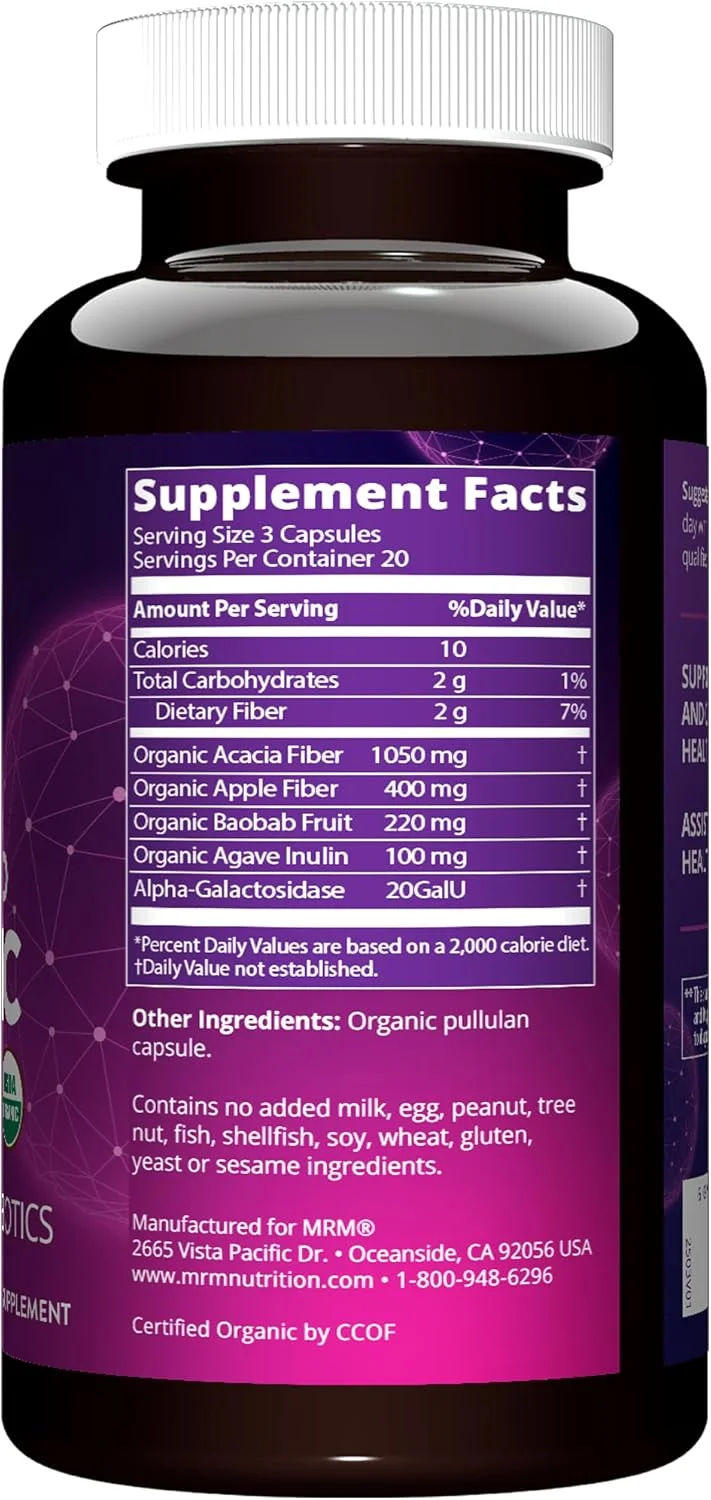 فیبر ارگانیک غذای کامل MRM Nutrition | کپسول های وگان | با آنزیم ها + پری بیوتیک ها | فیبرهای نامحلول + محلول | سلامت دستگاه گوارش + تنظیم | 20 سروینگ