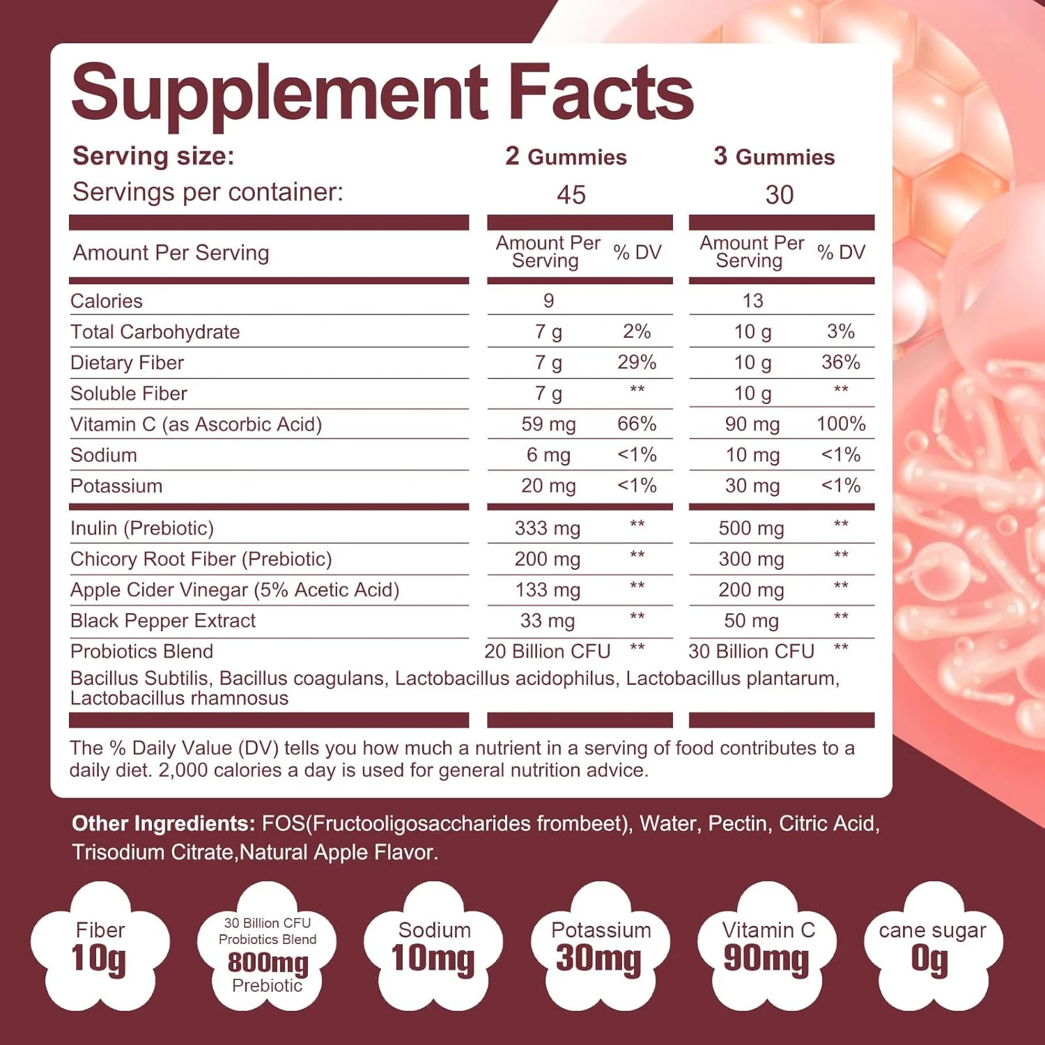 پاستیل فیبر با پروبیوتیک، 10 گرم فیبر در هر وعده بدون شکر افزوده با طعم سیب، با 10 میلیارد واحد پروبیوتیک، سرکه سیب، ویتامین C، اینولین، پشتیبانی از نفخ، 90 عدد