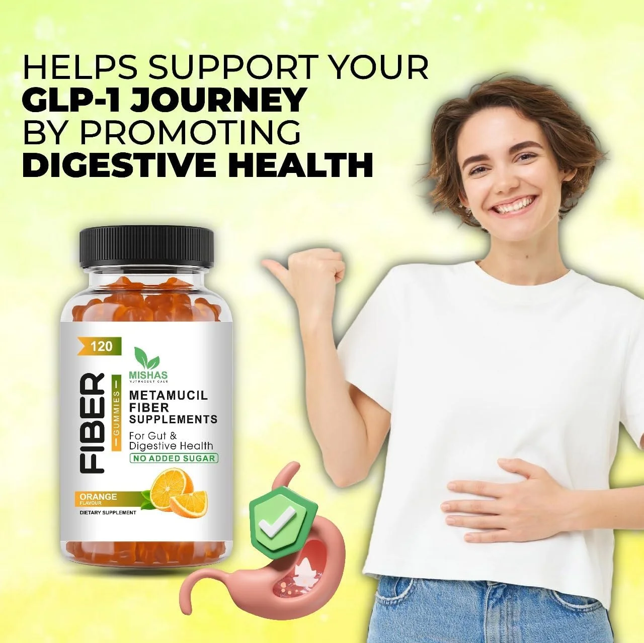 پاستیل فیبر میشا نوتراسیوتیکالز، بدون شکر با طعم پرتقال، مکمل فیبر پری‌بیوتیک 5 گرمی، 120 عدد