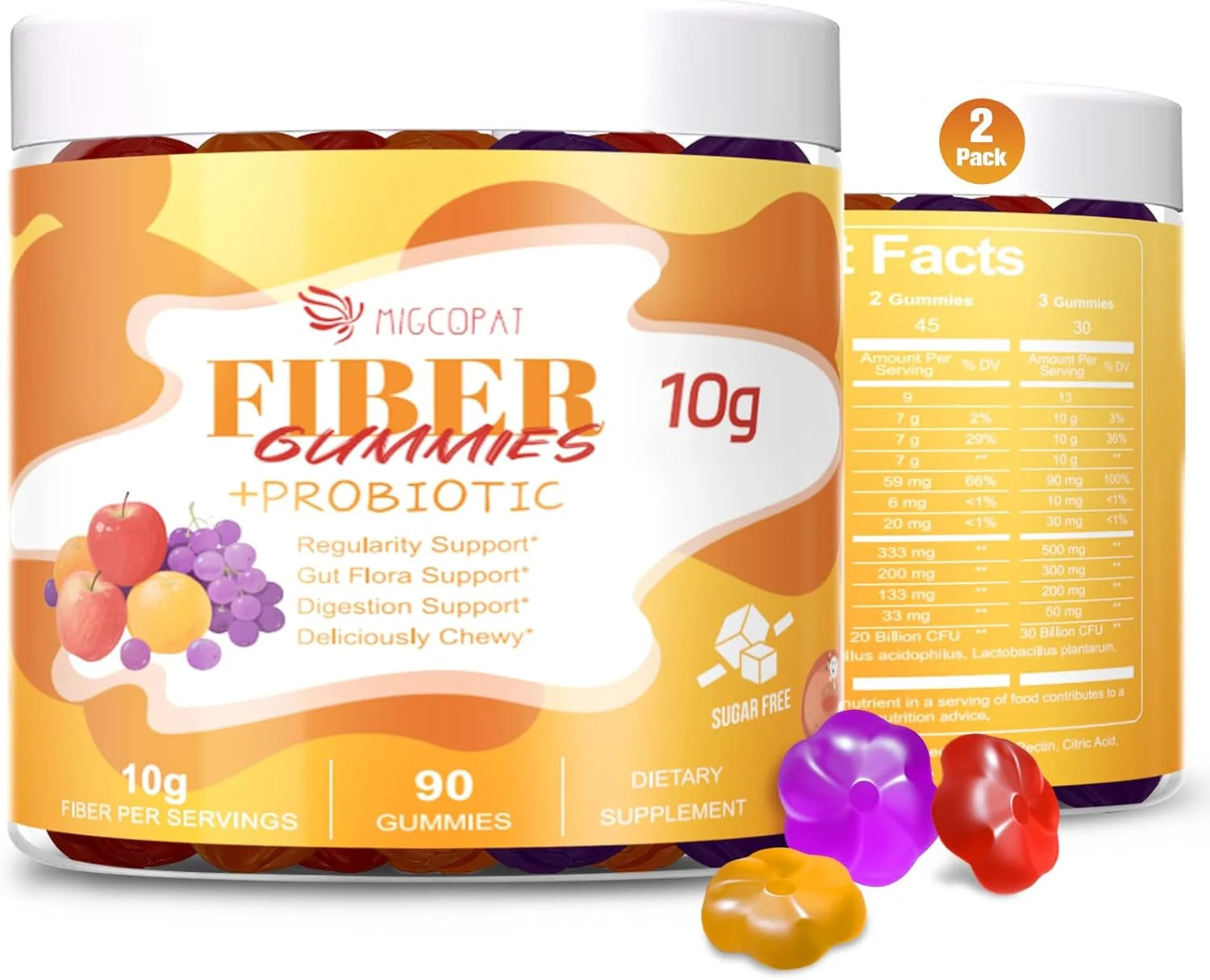 پاستیل فیبر 10 گرمی برای بزرگسالان - پشتیبانی از سلامت دستگاه گوارش - مکمل فیبر با مخلوط 30 میلیارد CFU پروبیوتیک، ACV، ویتامین C، اینولین - بدون شکر افزوده - با طعم میوه - 180 عدد