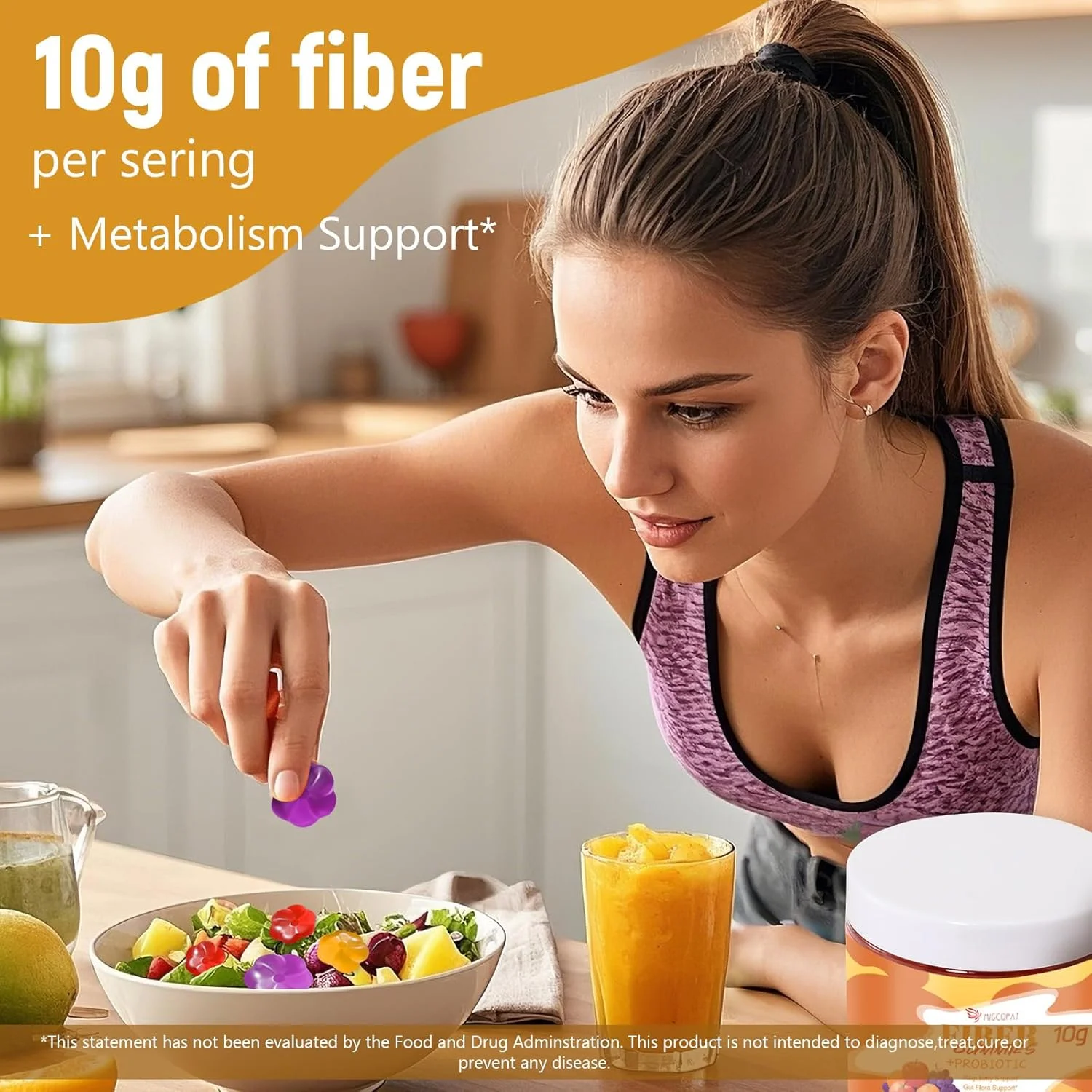 پاستیل فیبر 10 گرمی برای بزرگسالان - پشتیبانی از سلامت دستگاه گوارش - مکمل فیبر با مخلوط 30 میلیارد CFU پروبیوتیک، ACV، ویتامین C، اینولین - بدون شکر افزوده - با طعم میوه - 180 عدد