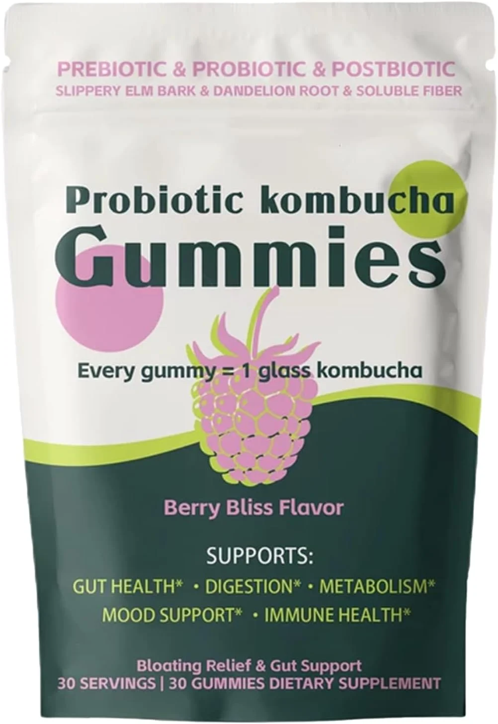 پاستیل کمبوچا پروبیوتیک، طعم بری (توت)، پری‌بیوتیک، پروبیوتیک، پست‌بیوتیک با فیبر محلول، پشتیبانی روزانه از هضم و روده، وگان، 30 عدد پاستیل (1)