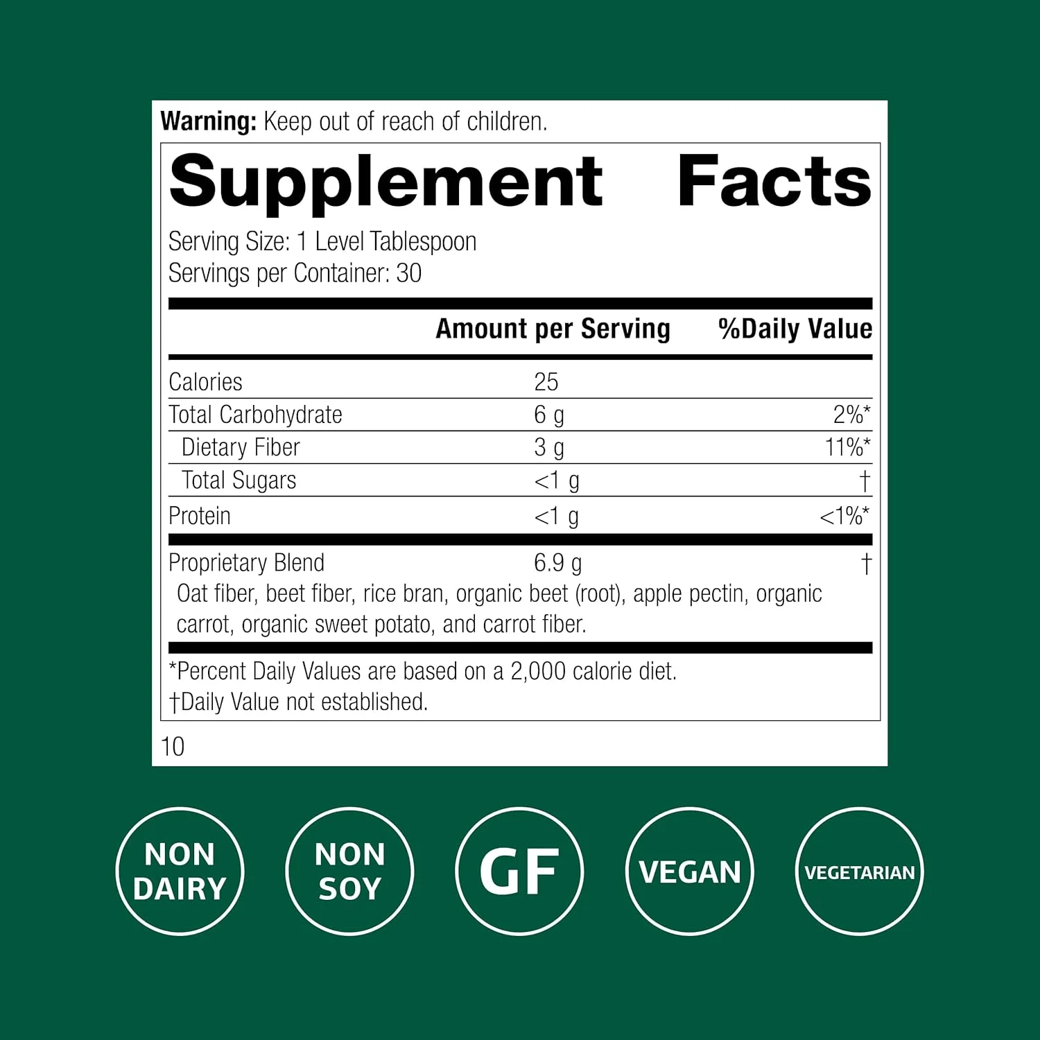 فیبر غذایی کامل - مکمل فیبر روزانه برای سلامت دستگاه گوارش و پشتیبانی از روده - پودر فیبر بالا با فیبر محلول و نامحلول - بدون لبنیات، بدون سویا و بدون گلوتن - 210 گرم