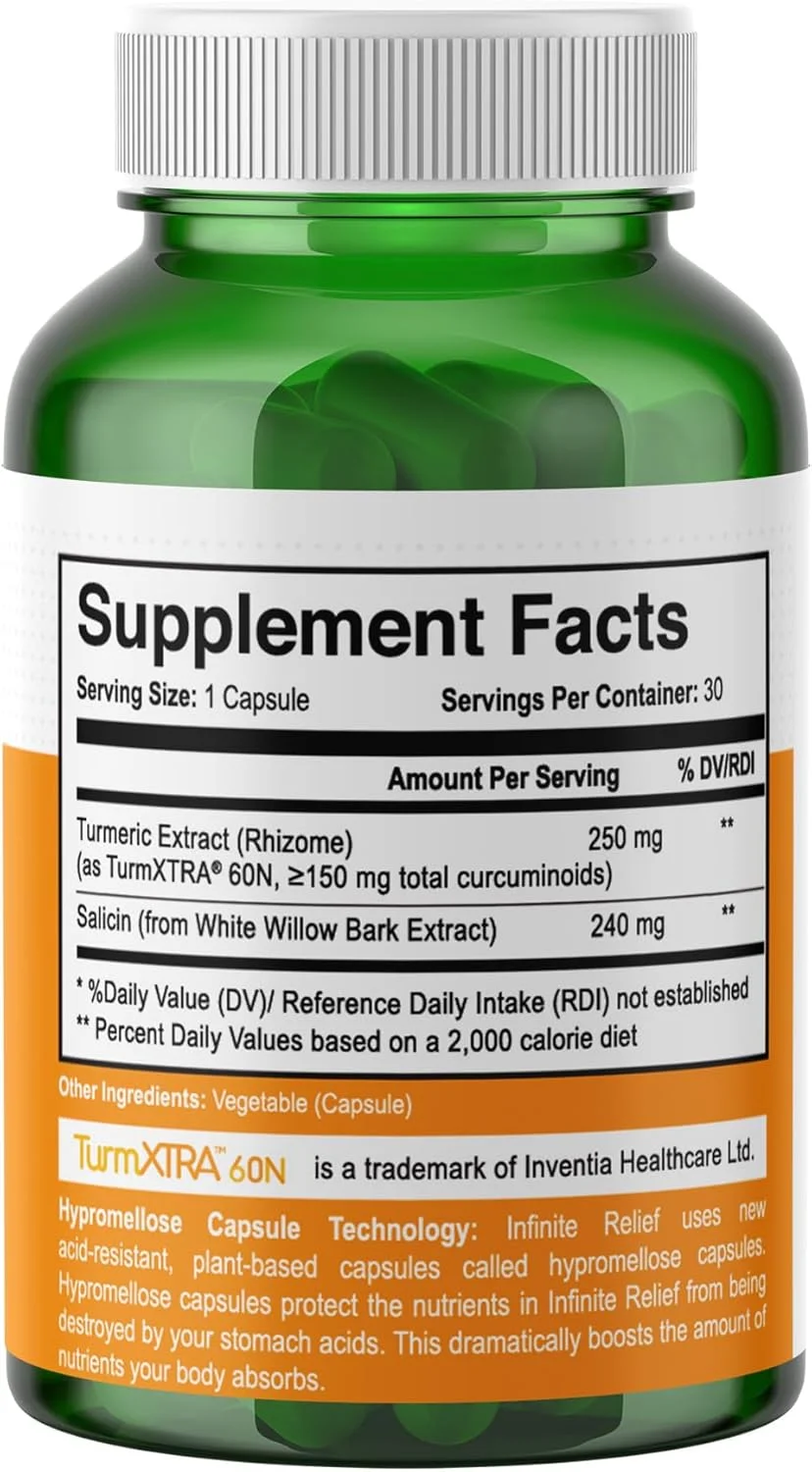 مکمل پشتیبانی از مفاصل اینفینیت ایج اینفینیت رلیف، 30 عدد - ساخت ایالات متحده آمریکا، وگان، بدون گلوتن، کاملا طبیعی - 250 میلی گرم عصاره زردچوبه به همراه 240 میلی گرم سالیسین از پوست درخت بید سفید