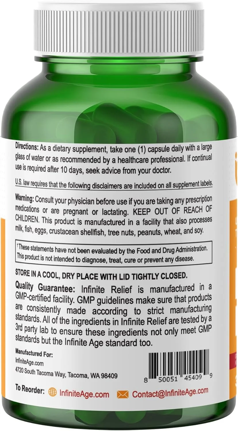 مکمل پشتیبانی از مفاصل اینفینیت ایج اینفینیت رلیف، 30 عدد - ساخت ایالات متحده آمریکا، وگان، بدون گلوتن، کاملا طبیعی - 250 میلی گرم عصاره زردچوبه به همراه 240 میلی گرم سالیسین از پوست درخت بید سفید
