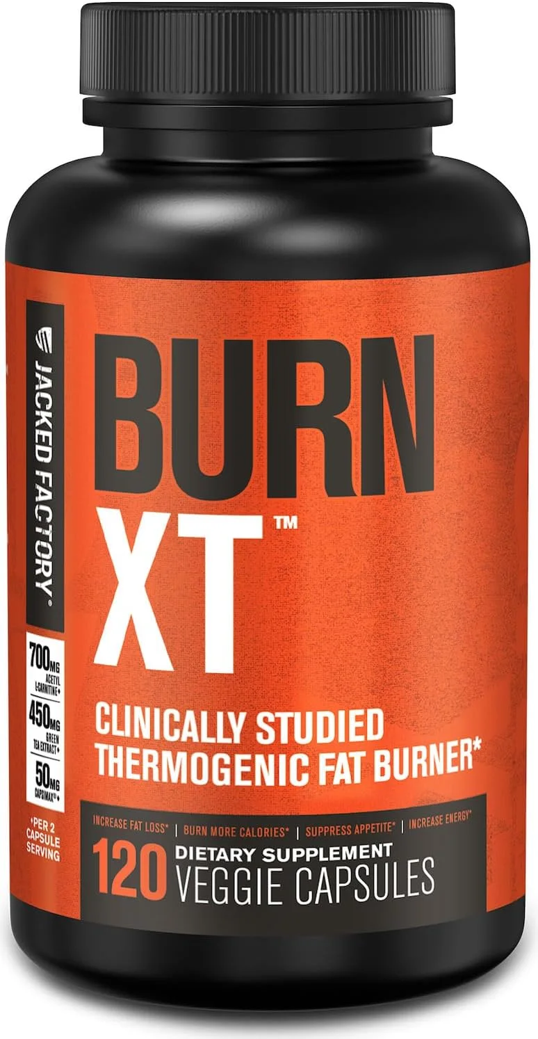 مکمل کاهش وزن و چربی سوز بالینی Burn-XT Jacked Factory - سرکوب کننده اشتها و تقویت کننده انرژی - حاوی استیل ال-کارنیتین، عصاره چای سبز و موارد دیگر - 120 عدد قرص رژیمی طبیعی