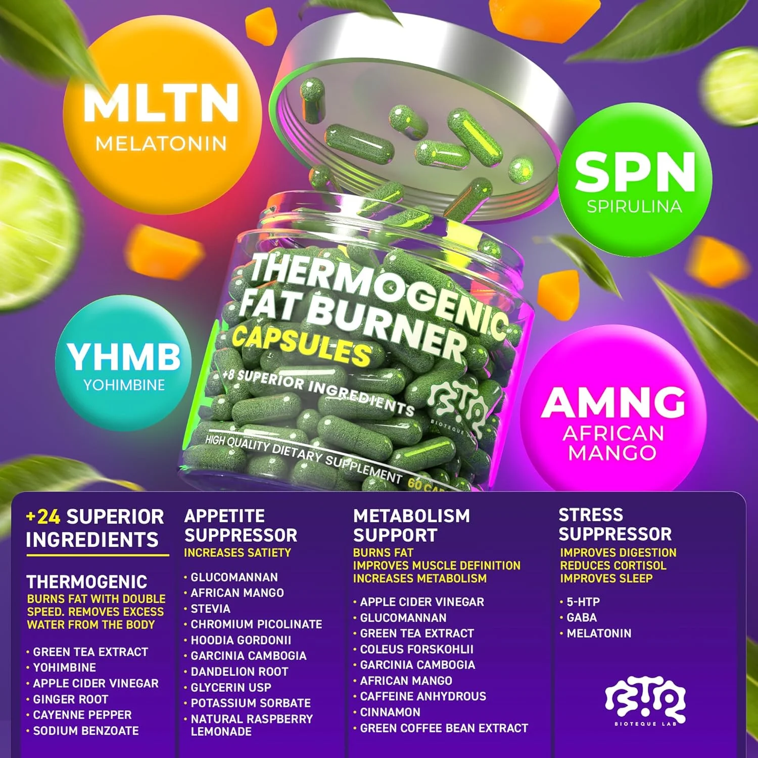 کپسول های چربی سوز ترموژنیک - قرص های کاهش وزن برای زنان و مردان، سرکوب کننده اشتها، تقویت کننده متابولیسم - چای سبز، عصاره قهوه، گارسینیا کامبوجیا - قرص های رژیمی برای کاهش وزن - 60 کپسول