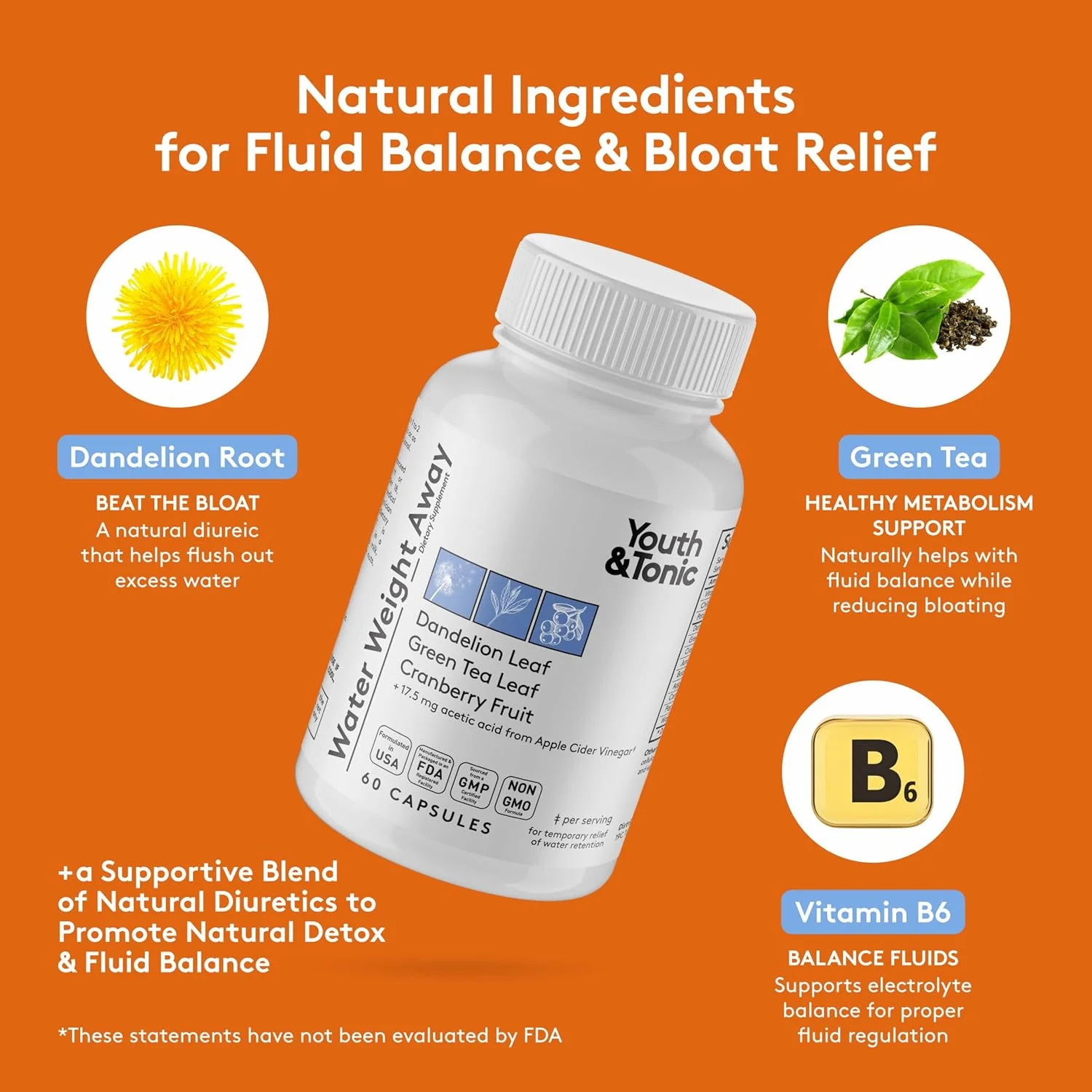قرص های طبیعی دفع آب بدن Youth & Tonic – قرص های گیاهی مُدِر برای نفخ، احتباس آب و حمایت از تورم برای زنان و مردان – 60 عدد کپسول حاوی قاصدک، پتاسیم، چای سبز و سرکه سیب