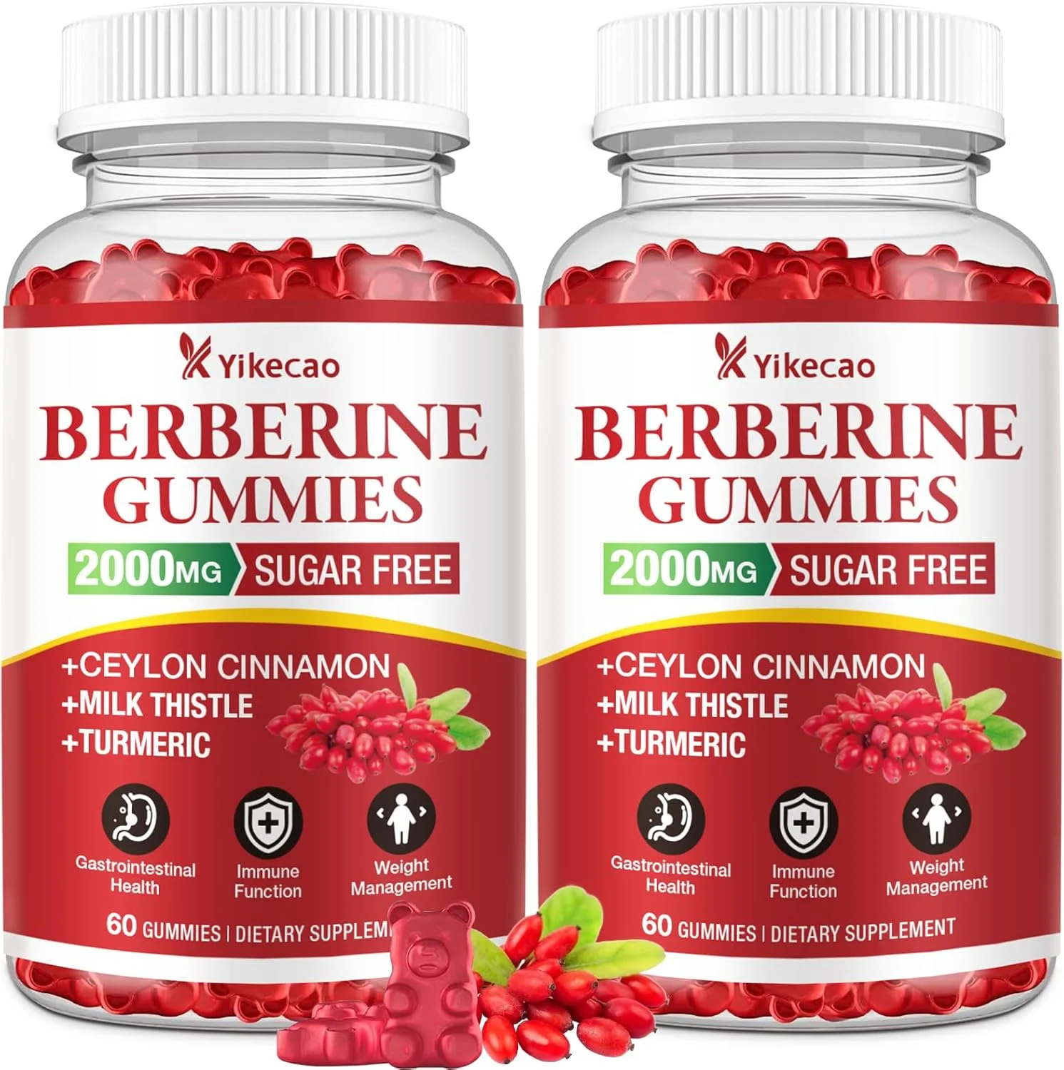 پک 2 عددی پاستیل بربرین با دارچین سیلان، مکمل 2000 میلی گرمی بربرین HCL برای زنان و مردان، بدون شکر، وگان، غیر GMO، بدون گلوتن، طعم تمشک - 120 عدد