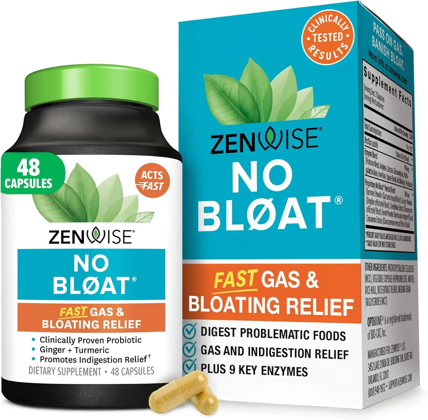 آنزیم های گوارشی Zenwise Health No Bloat برای سلامت روده، تسکین گاز و نفخ - مکمل گوارشی چند آنزیمی با پروبیوتیک ها، زنجبیل، زردچوبه، قاصدک و لاکتاز - مناسب آقایان و بانوان - 48 عدد