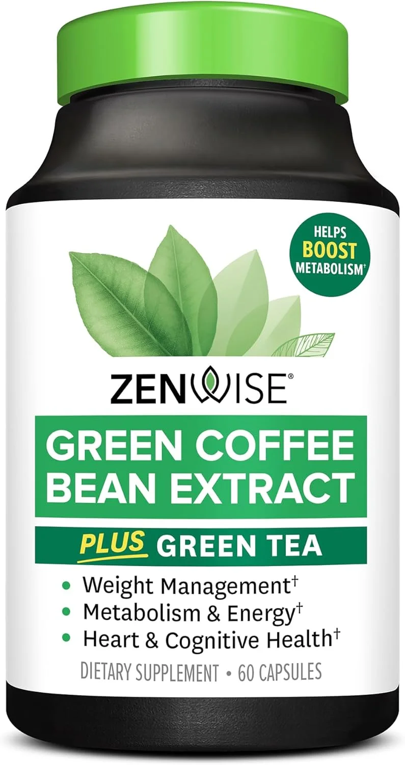 کپسول های عصاره چای سبز EGCG Zenwise Health با عصاره دانه قهوه - مکمل 50% EGCG + 98% پلی فنول - قرص های چای سبز برای حمایت از پوست و قلب + سلامت مغز و تقویت حافظه - 60 عدد