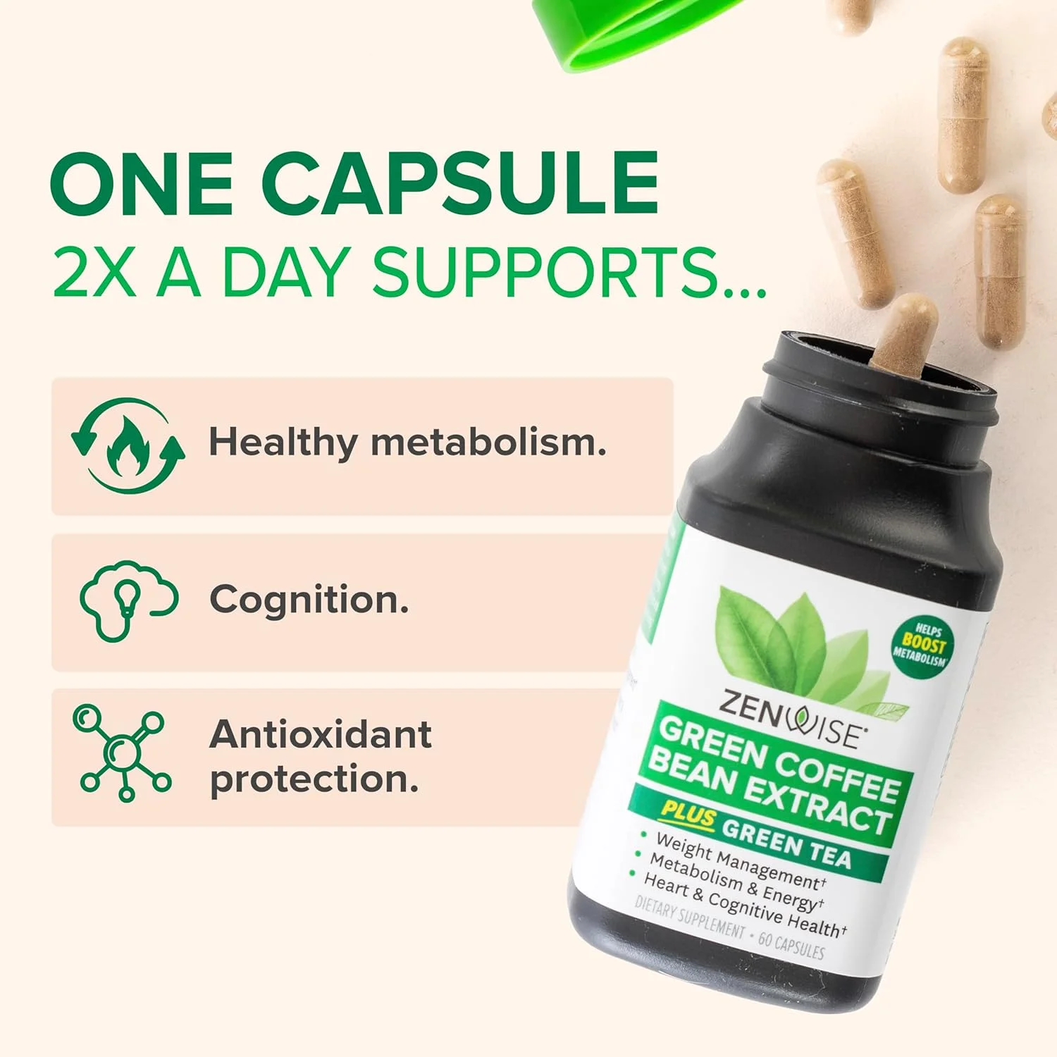 کپسول های عصاره چای سبز EGCG Zenwise Health با عصاره دانه قهوه - مکمل 50% EGCG + 98% پلی فنول - قرص های چای سبز برای حمایت از پوست و قلب + سلامت مغز و تقویت حافظه - 60 عدد