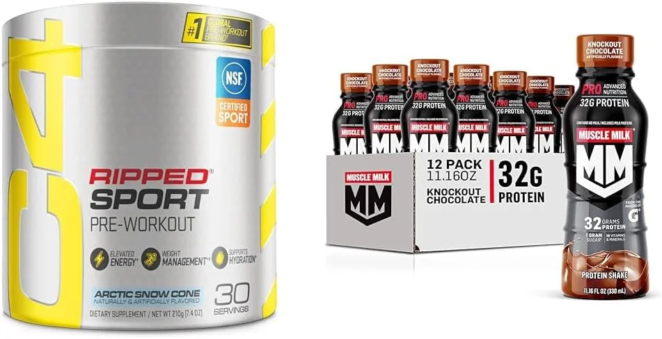 پودر مکمل قبل از تمرین C4 Ripped Sport با طعم آرتیک اسنو کون و میلک پروتئین Muscle Milk Pro Advanced Nutrition با طعم شکلات، 330 میلی لیتر (بسته 12 عددی)
