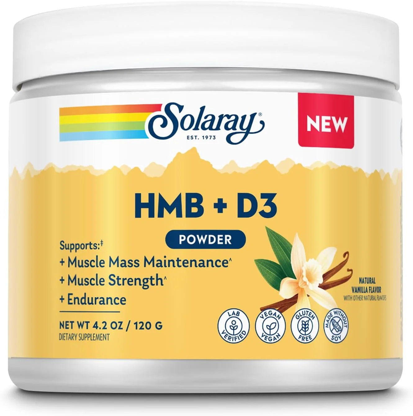 مکمل اچ ام بی پلاس D3 سولارای - مکمل اچ ام بی برای مردان و زنان به همراه ویتامین D3 - مکمل کلسیم هیدروکسی متیل بوتیرات برای قدرت عضلانی - پودر وانیلی طبیعی - 30 سروینگ، 4.2 اونس